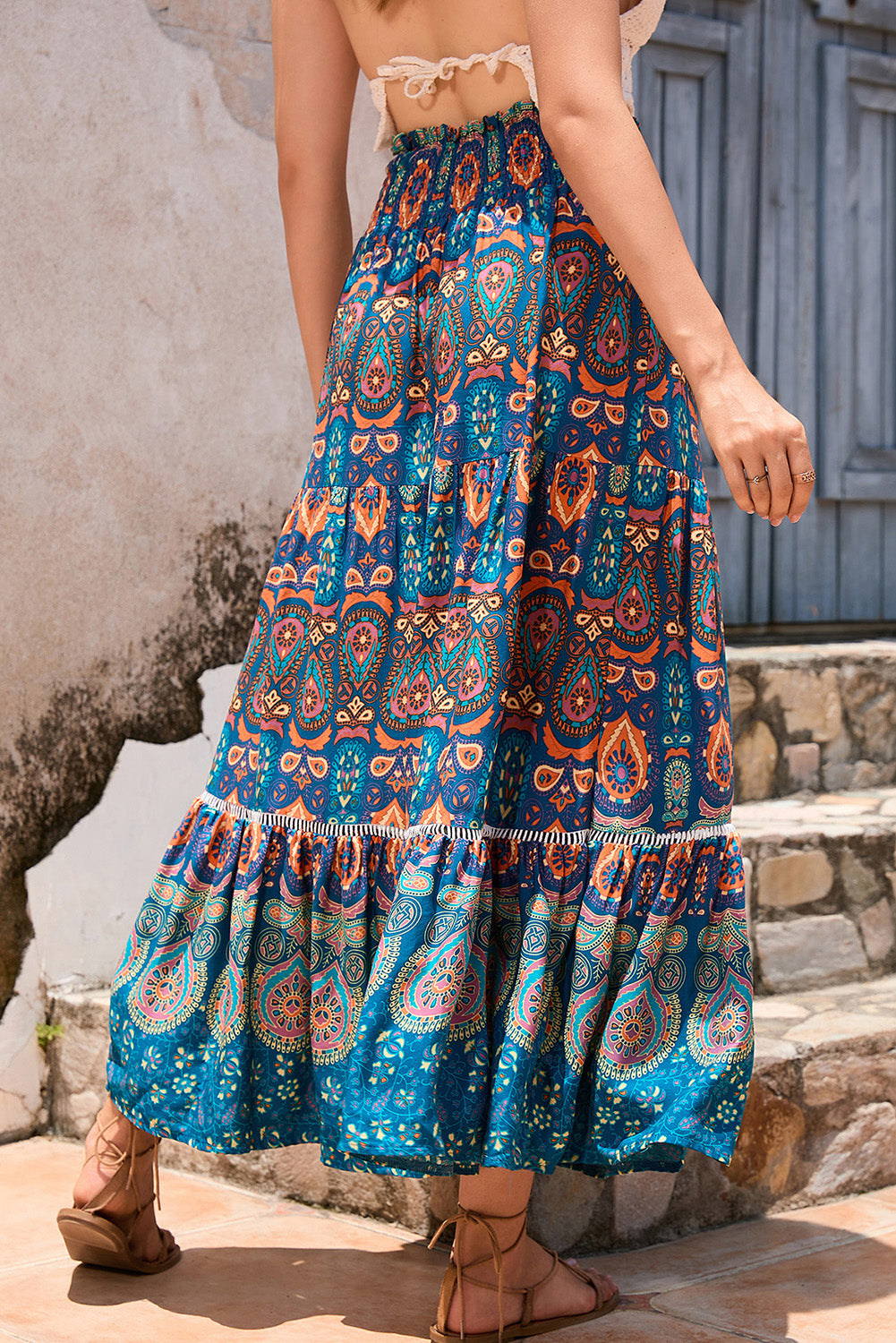 Blue Bohemian Ethnic Print Lace Patchwork Maxi Skirt• The skirt features intricate lace details and a vibrant ethnic print for a unique and eye-catching look.
• This maxi skirt is perfect for daily wear, whether you'