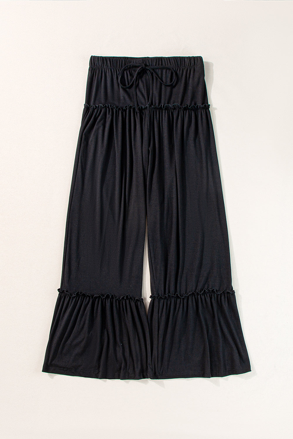 Black Frill Detail Drawstring High Waist Wide Leg PantsMaterial:65%Polyester+30%Viscose+5%Elastane



		Effortlessly stylish: Loose fit and wide leg design for a chic and contemporary look.
	
	
		Versatile and easy 