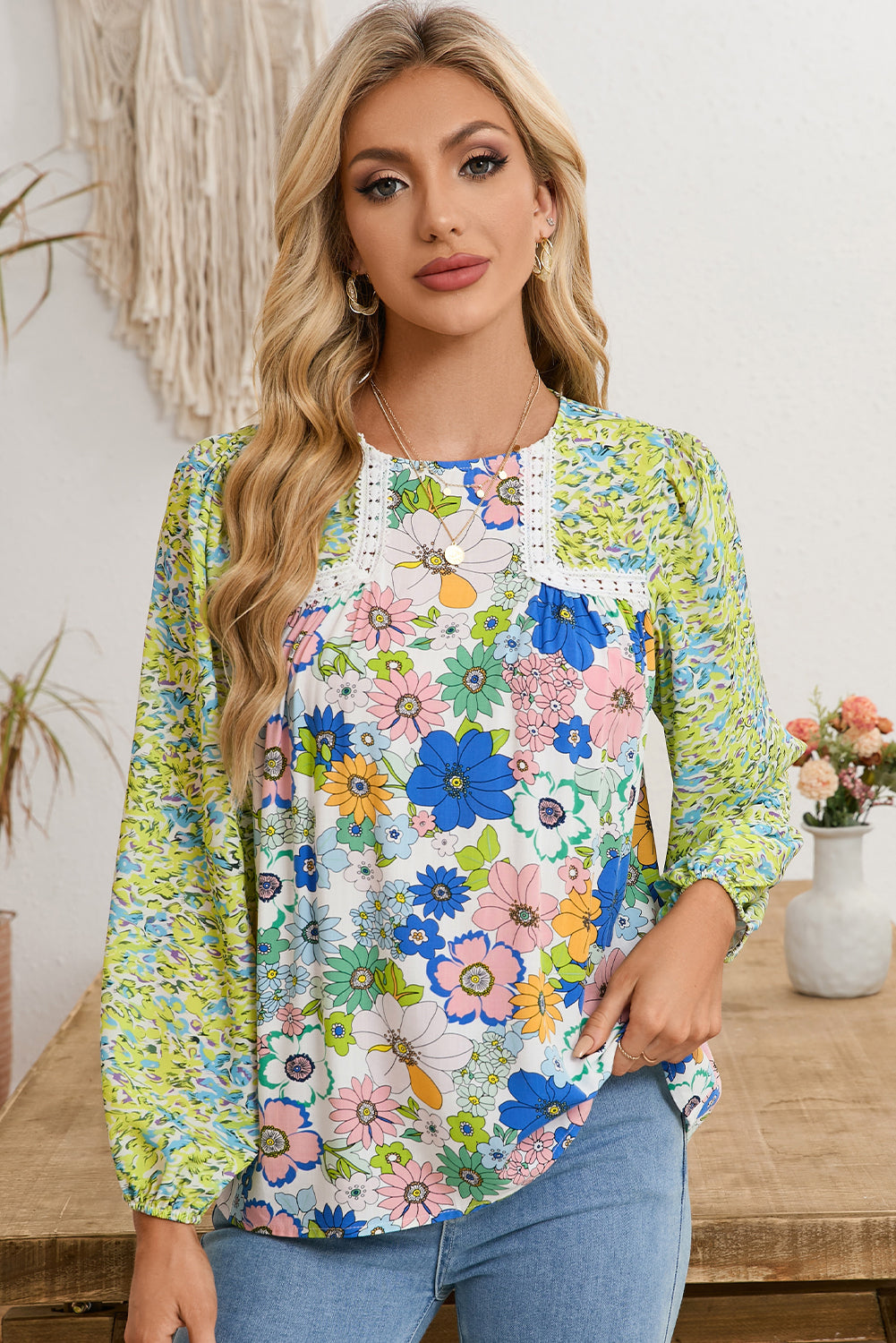 Green Bubble Sleeve Lace Detail Mixed Floral Blouse