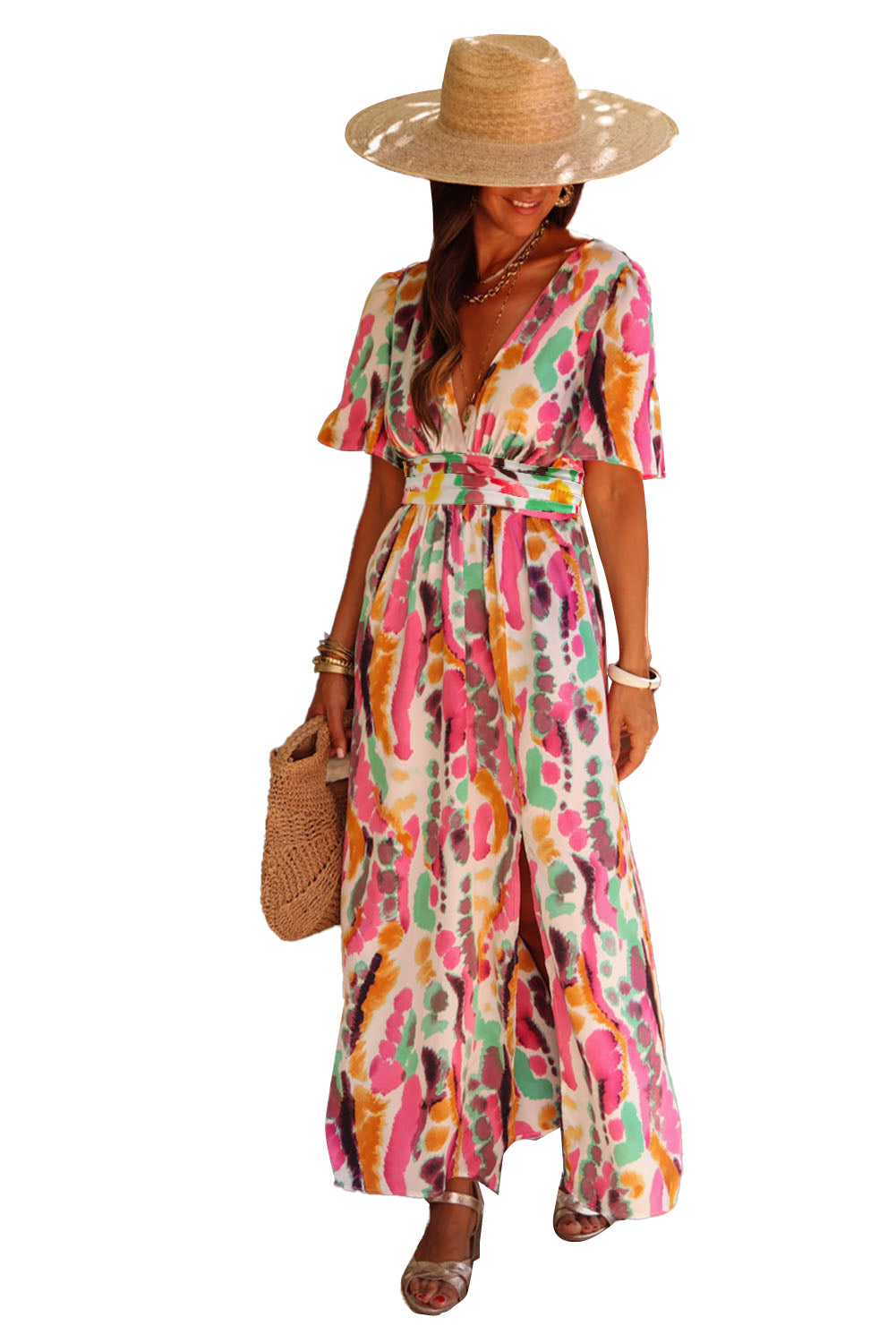 Pink Boho Tie Dye Print V Neck Side Split Maxi DressMaterial:100%Polyester



		The dress features a blend of vibrant colors, creating a unique and stylish look that's perfect for making a bold fashion statement.
	