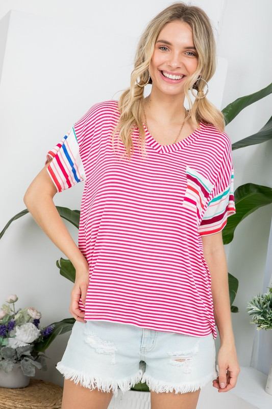 MULTI STRIPE BOXY TOP- Multi stripe boxy top- Pullover short sleeves- V neck chest pocket- Multi stripe jersey - Model is 5' 8" 34-24-34 and wearing a Small- S/M/L 2-2-2- 95% RAYON, 5% S