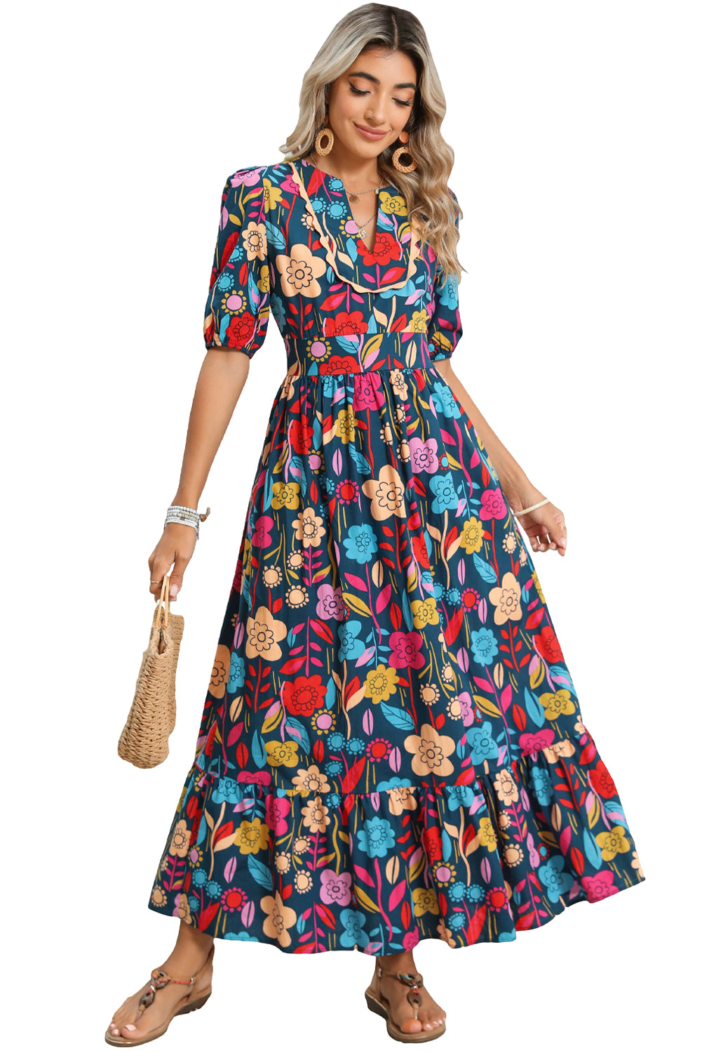 Green Floral Print Split V Neck Puff Sleeve Maxi DressMaterial:100%Cotton



		The dress is made from a soft and breathable fabric, ensuring comfort and a lightweight feel.
	
	
		This maxi dress features a split V 