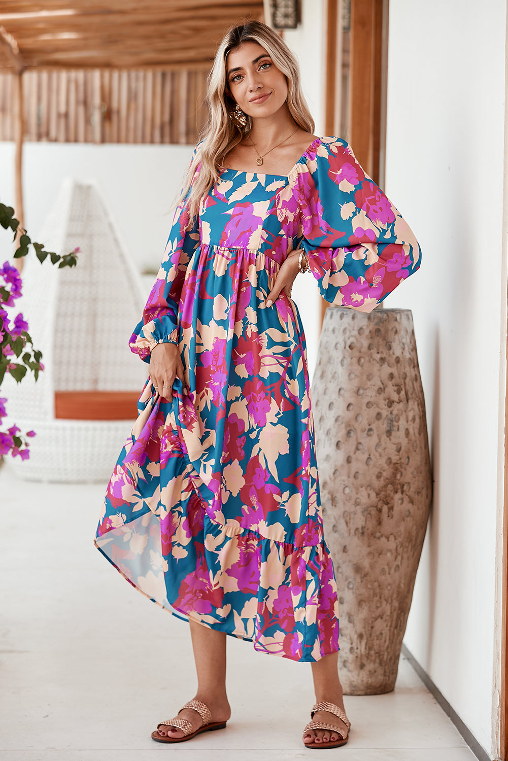 Multicolor Boho Floral Print Square Neck Ruffle Midi DressMaterial:100%Polyester



		This puff-sleeve dress brings a touch of vintage charm and whimsy
	
	
		Embrace the beauty of nature with the captivating floral pri