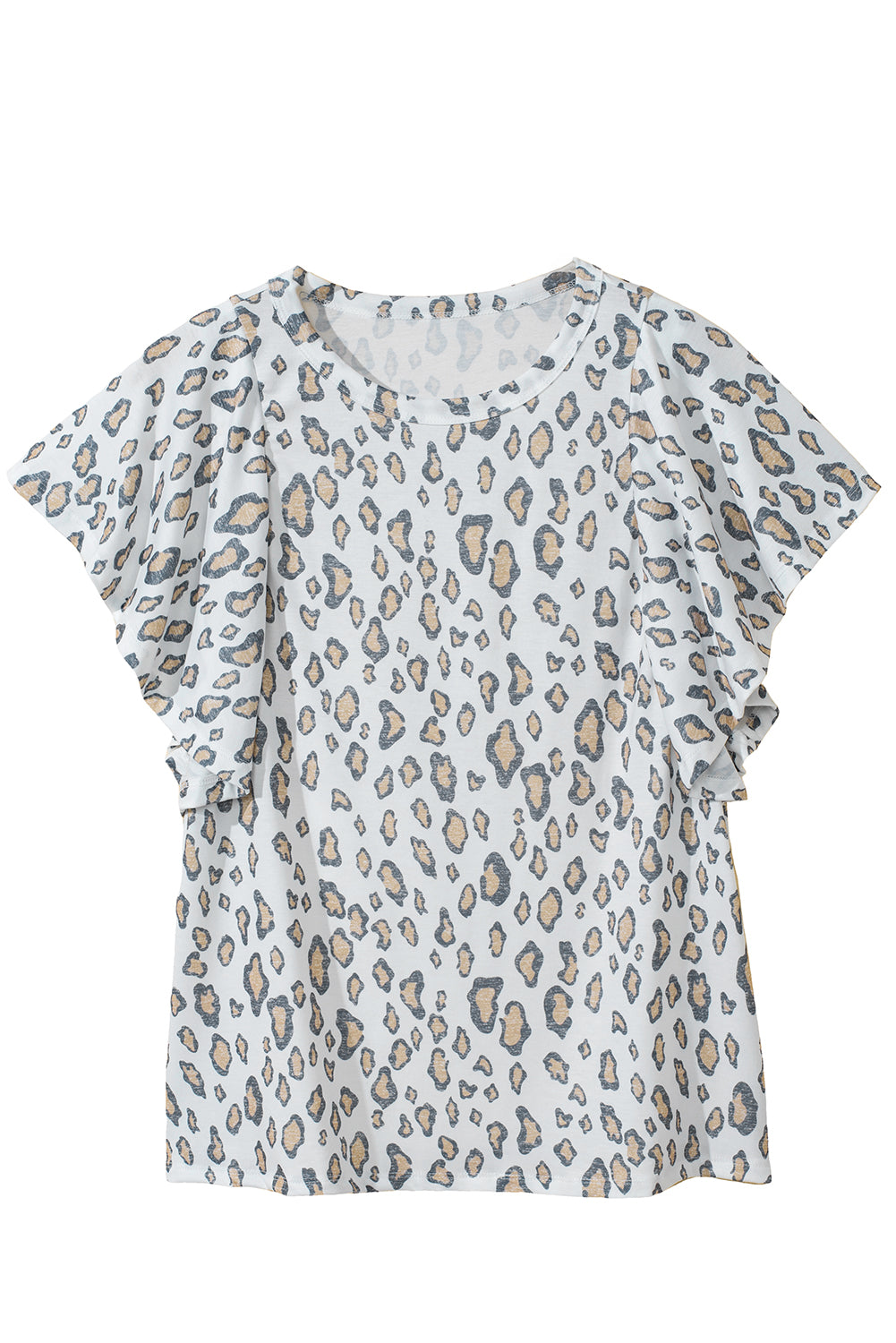 White Leopard Print Ruffle Short Sleeve BlouseMaterial:95%Polyester+5%Elastane



		With its ruffle short sleeves, this blouse exudes a feminine and playful vibe, perfect for adding a touch of flair to your lo