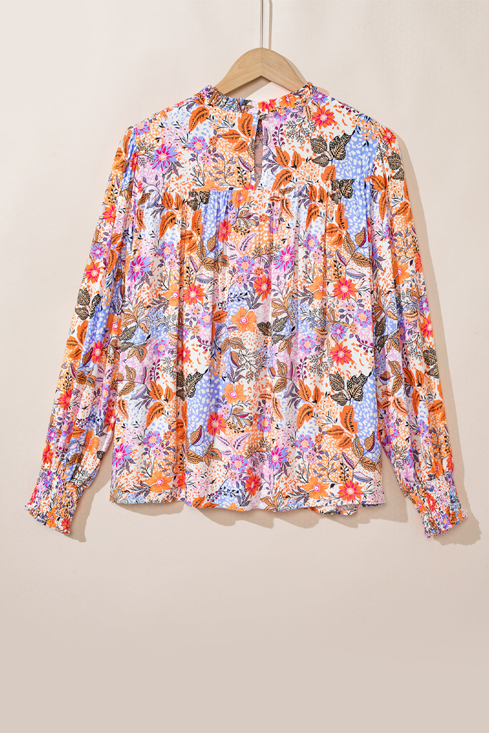 Multicolor Boho Floral Print Bishop Sleeve Smocked Blouse