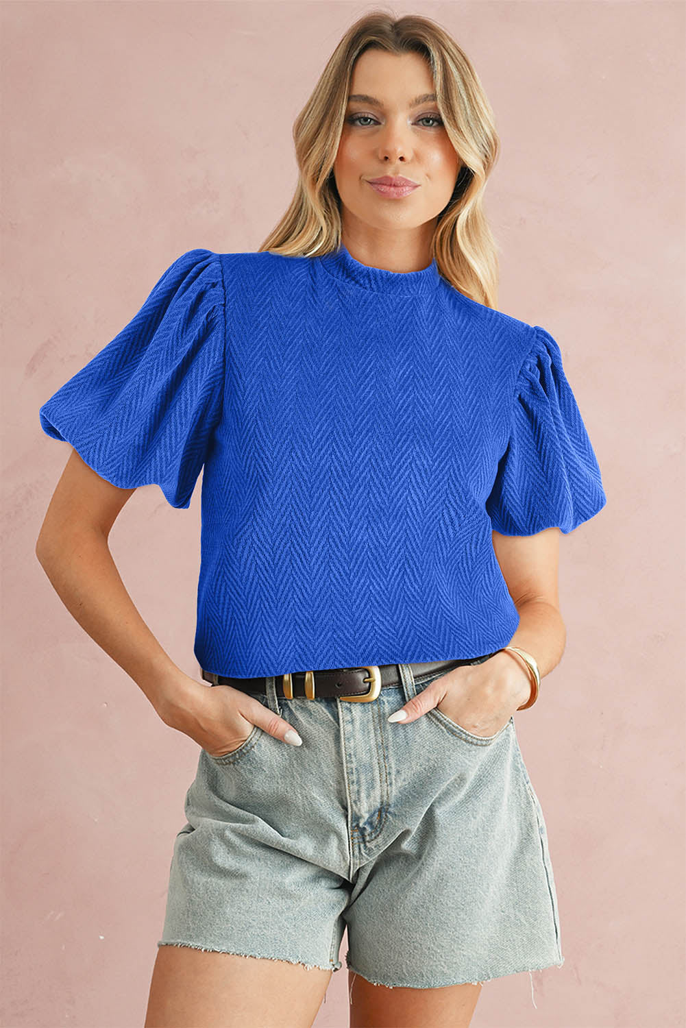 Sky Blue Solid Textured Puff Sleeve Mock Neck BlouseMaterial:97%Polyester+3%Elastane



		This sky blue blouse features a solid textured design with puff sleeves and a mock neck. 
	
	
		The textured fabric adds v