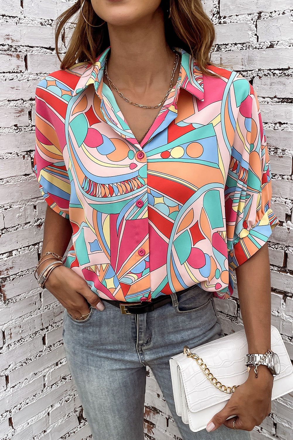 Multicolor Abstract Print Half Batwing Sleeve Loose Blouse