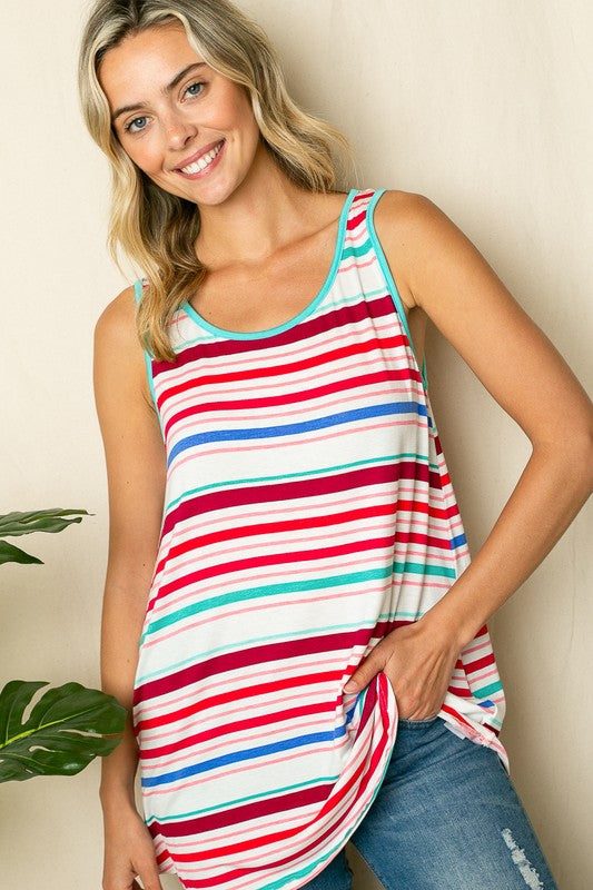 MULTI STRIPE TANK TOPMULTI STRIPE PRINT JERSEY ROUND NECK TANK TOP- Model is 5' 8" 31-24-35 and wearing a Small- 95% RAYON, 5% SPANDEX - MADE IN USA
Style: Casual
Print / Pattern: Stripe