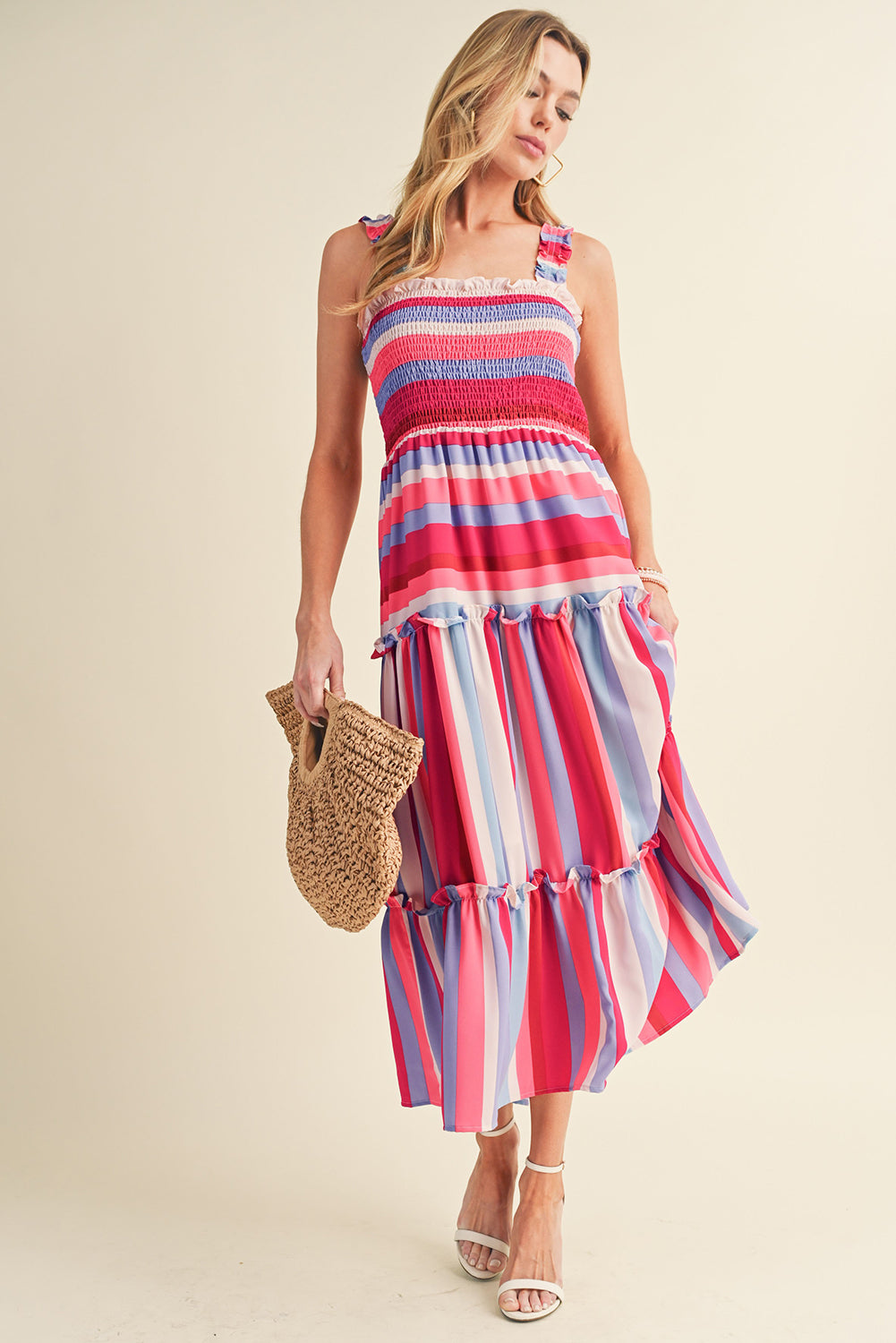 Red Stripe Ruffled Straps Smocked Tiered Midi DressMaterial:100%Polyester



		Embrace the timeless charm of the multicolor stripes pattern, making this long dress a classic and popular choice.
	
	
		Achieve a p