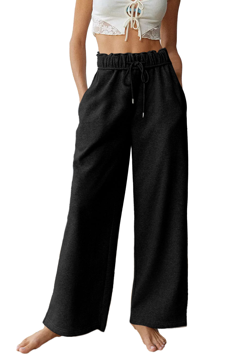 Black Elastic High Waist Drawstring Wide Leg PantsMaterial:75%Polyester+25%Cotton

• Crafted from high-quality black elastic fabric, these wide-leg pants offer both style and comfort for all-day wear.
• The high w