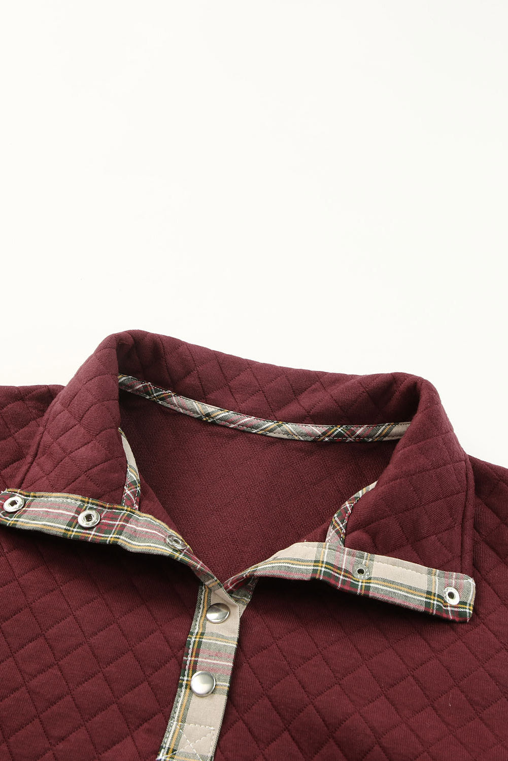 Red Plaid Geometric Texture Trim Button Neck Sweatshirt