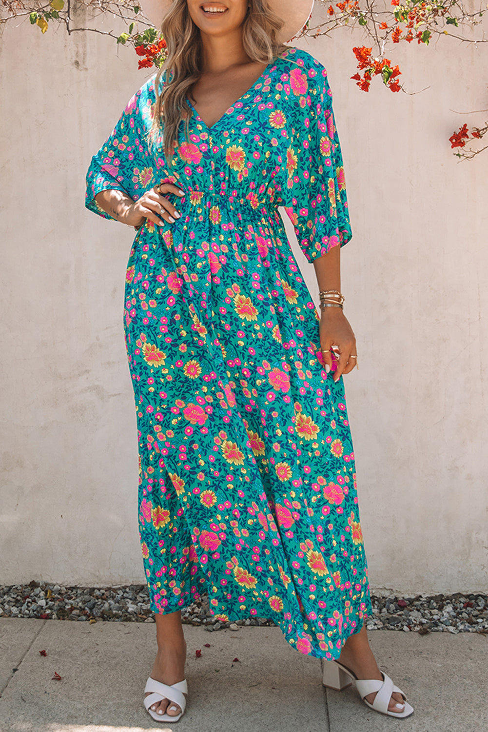 Floral Print Deep V Neck Flutter Sleeve Boho Maxi Dress