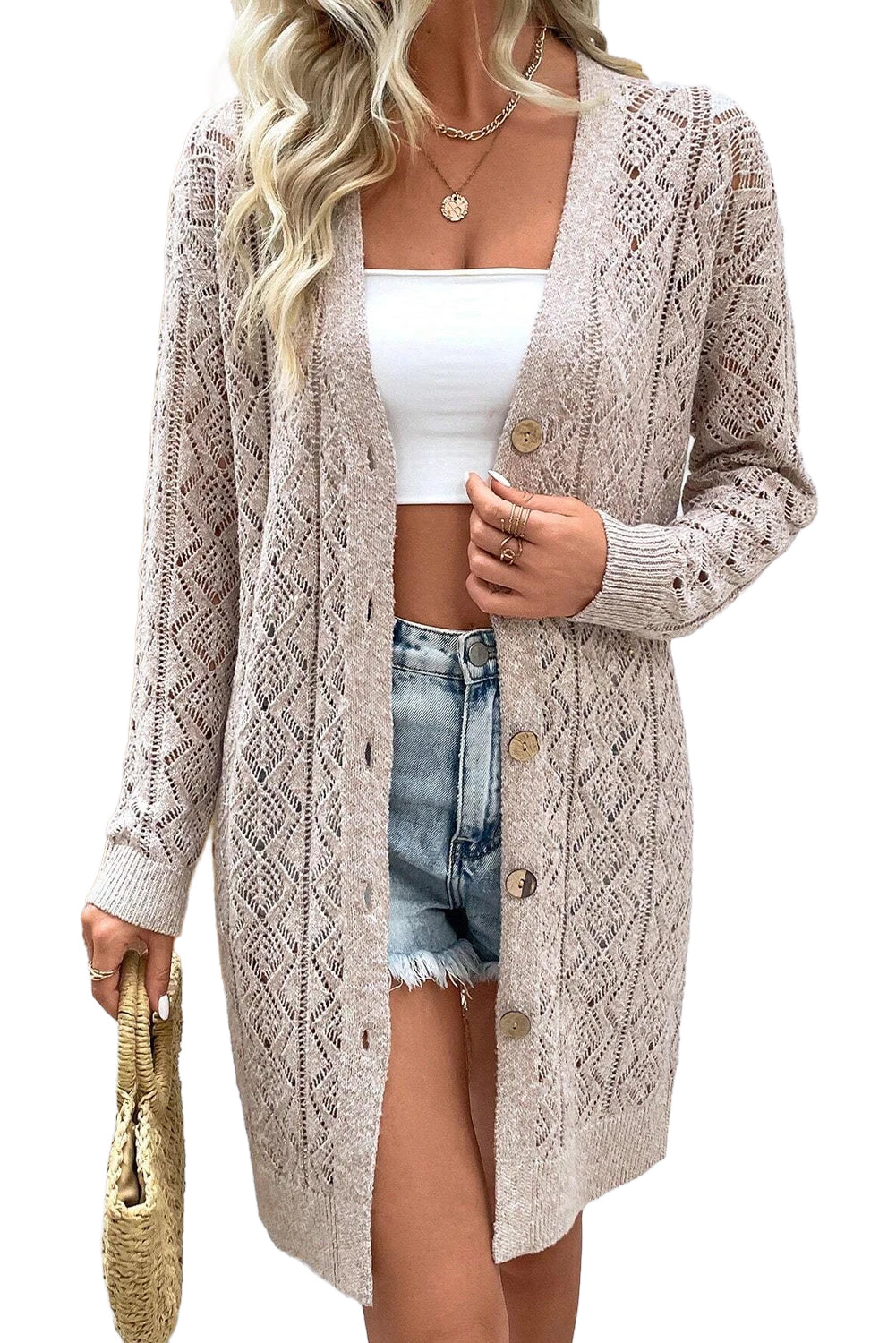 Gray Hollow Out Button Front Long Cardigan