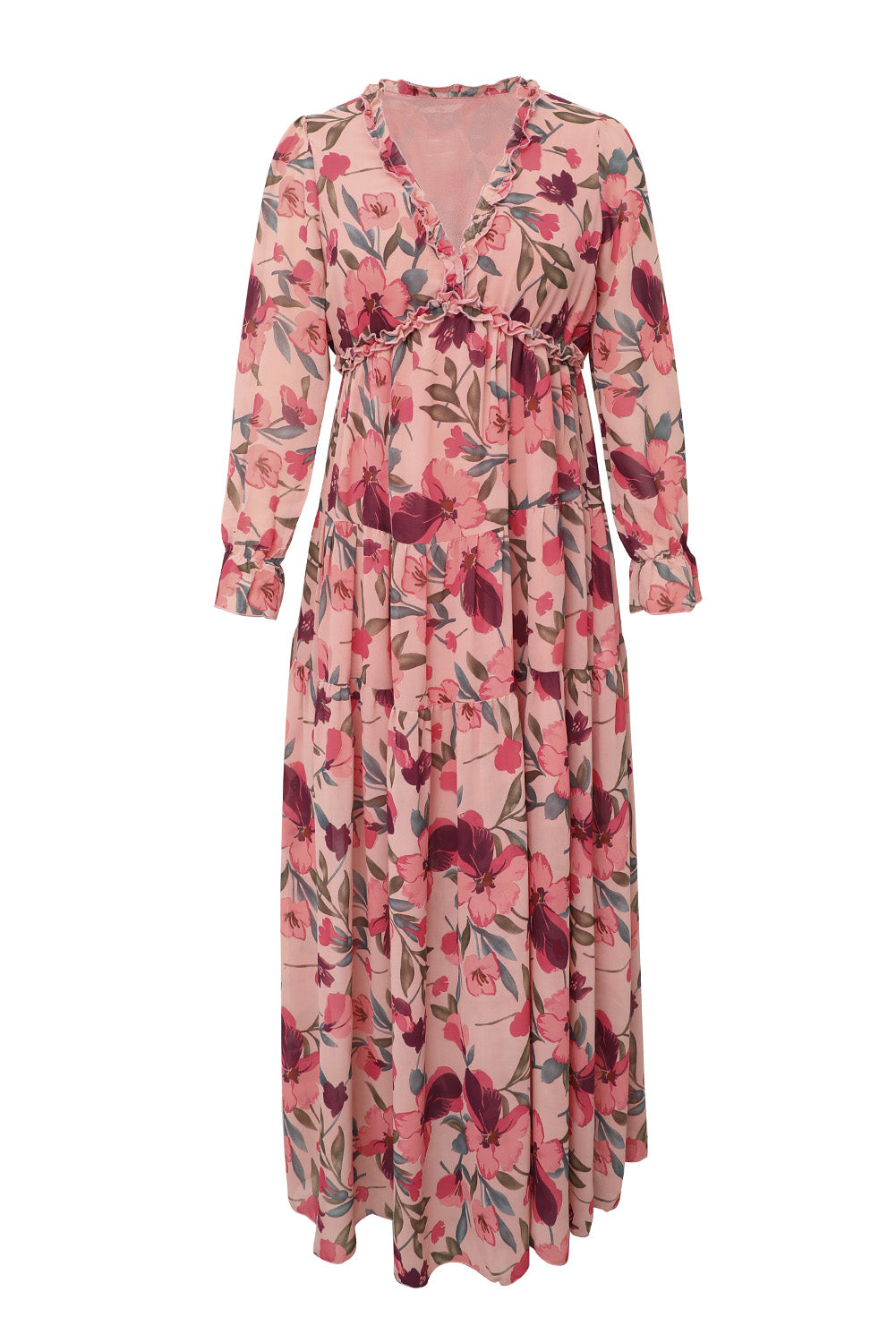 Pastel Red Floral Print Ruffle Trim Plunge Neckline Maxi DressMaterial:100%Polyester

• The maxi dress is a stunning piece that seamlessly blends a bold red hue with delicate floral patterns for a captivating look.
• The Plun