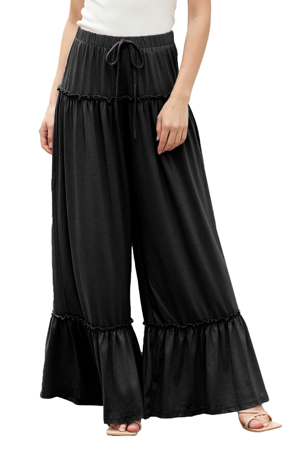 Black Frill Detail Drawstring High Waist Wide Leg PantsMaterial:65%Polyester+30%Viscose+5%Elastane



		Effortlessly stylish: Loose fit and wide leg design for a chic and contemporary look.
	
	
		Versatile and easy 