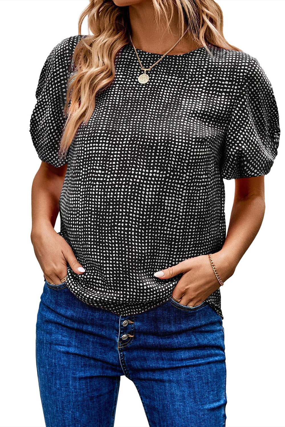 Black Dotted Puff Sleeve Round Neck BlouseMaterial:100%Polyester



		This blouse is designed with puff sleeves, which are characterized by their voluminous and gathered appearance.
	
	
		The blouse is 