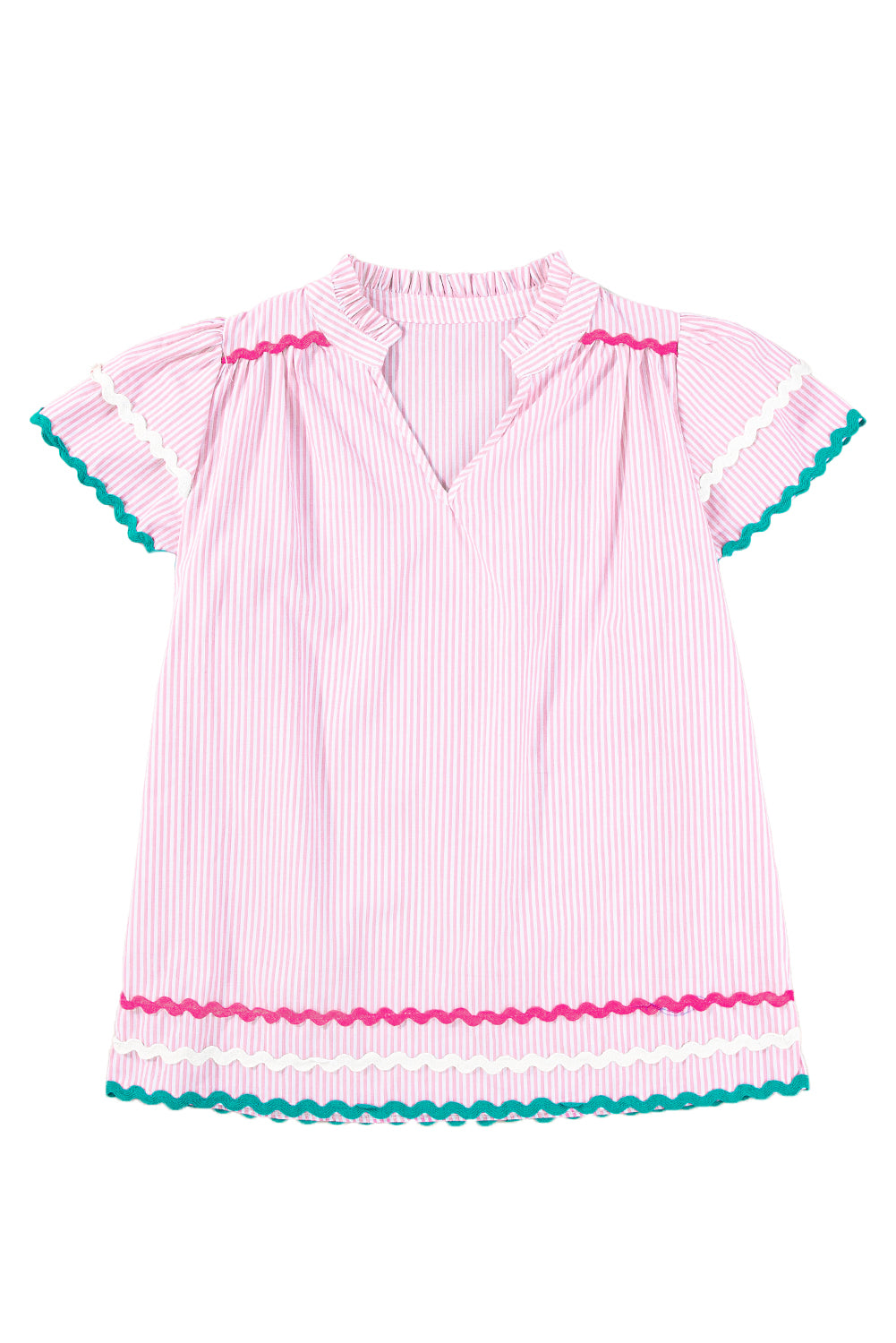 Sky Blue Striped Ricrac Splicing Frill V-Neck BlouseMaterial:100%Cotton



		Playful stripes: This blouse features a fun striped pattern with flirty frill details and a flattering V-neck.
	
	
		Chic and charming: