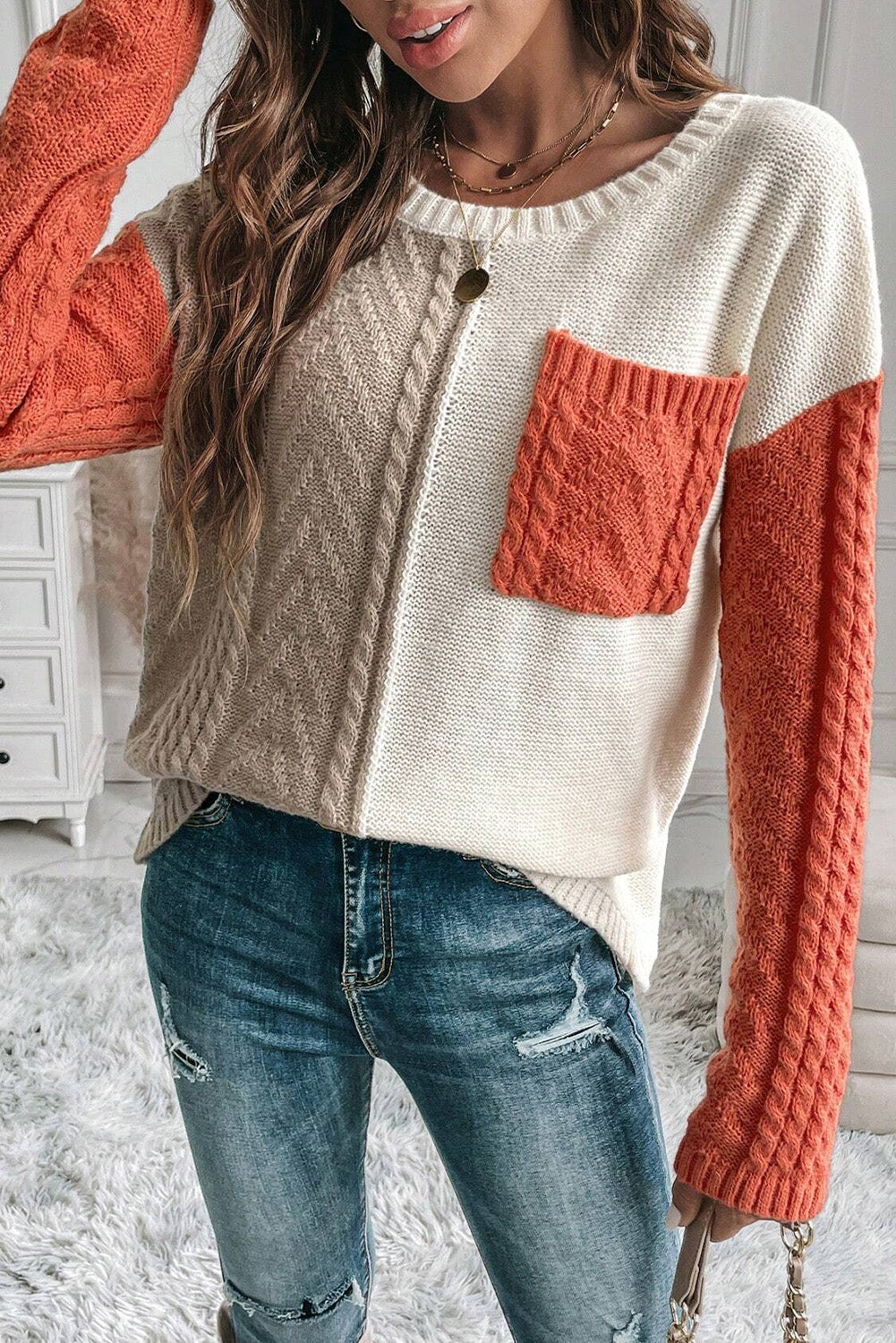 Gold Flame Colorblock Pocket Drop Shoulder SweaterMaterial:65%Acrylic+35%Polyamide

• Elevate your casual style with the sweater, featuring a unique patchwork design that adds a modern twist to your wardrobe.
• St