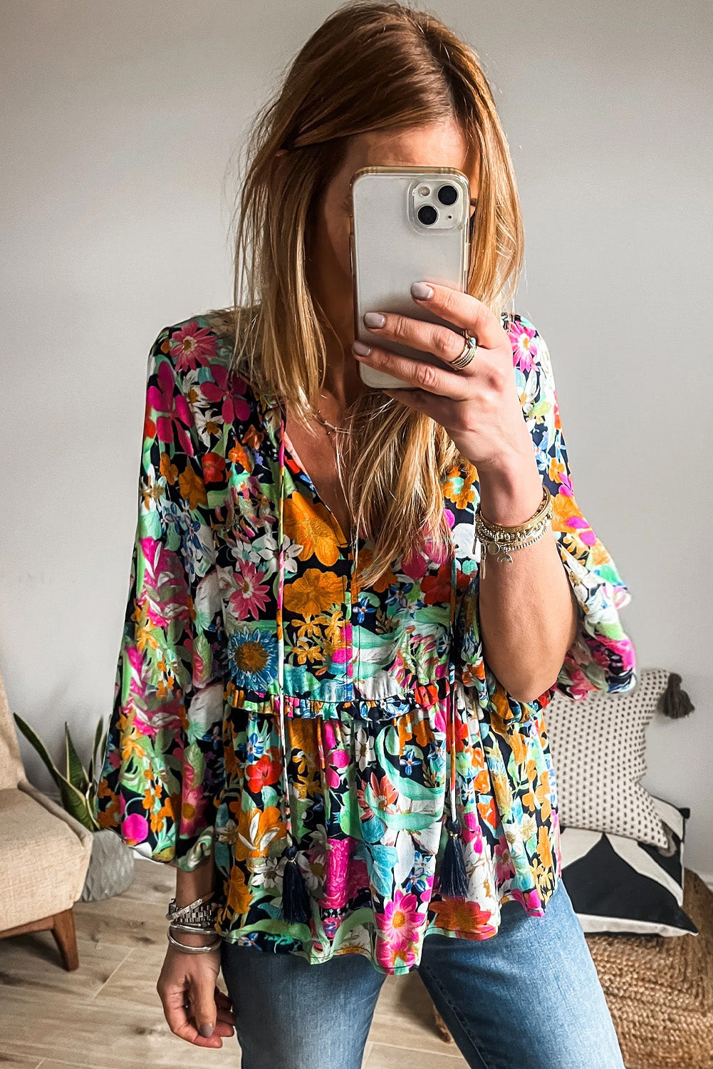 Multicolour Boho Floral V Neck Lantern Sleeve BlouseMaterial:100%Polyester

• Embrace boho-chic vibes with our blouse, featuring vibrant hues and a tie front design for a stylish look.
• The lantern sleeves add a to