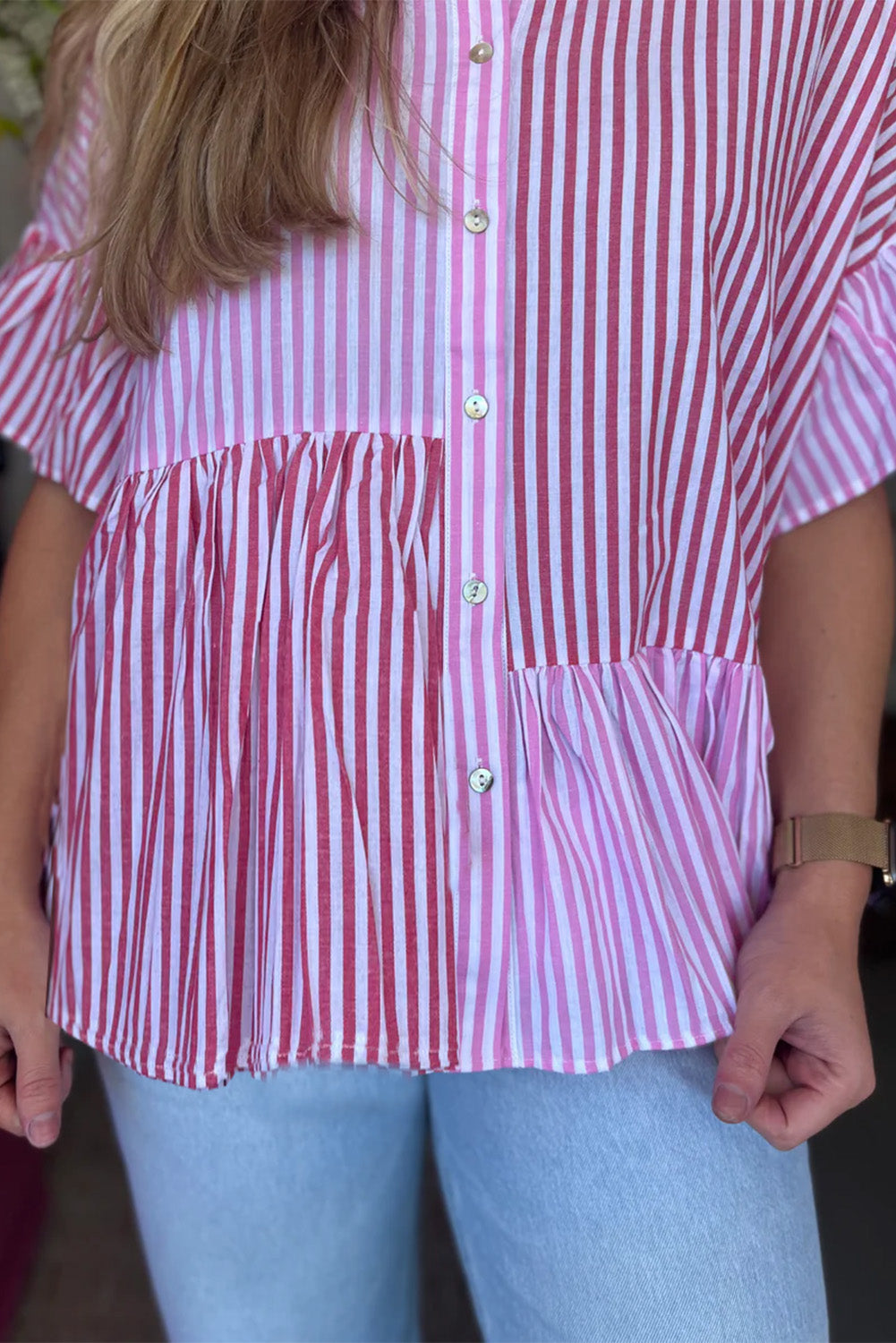 Pink Striped Patchwork Ruffle Button Up Blouse