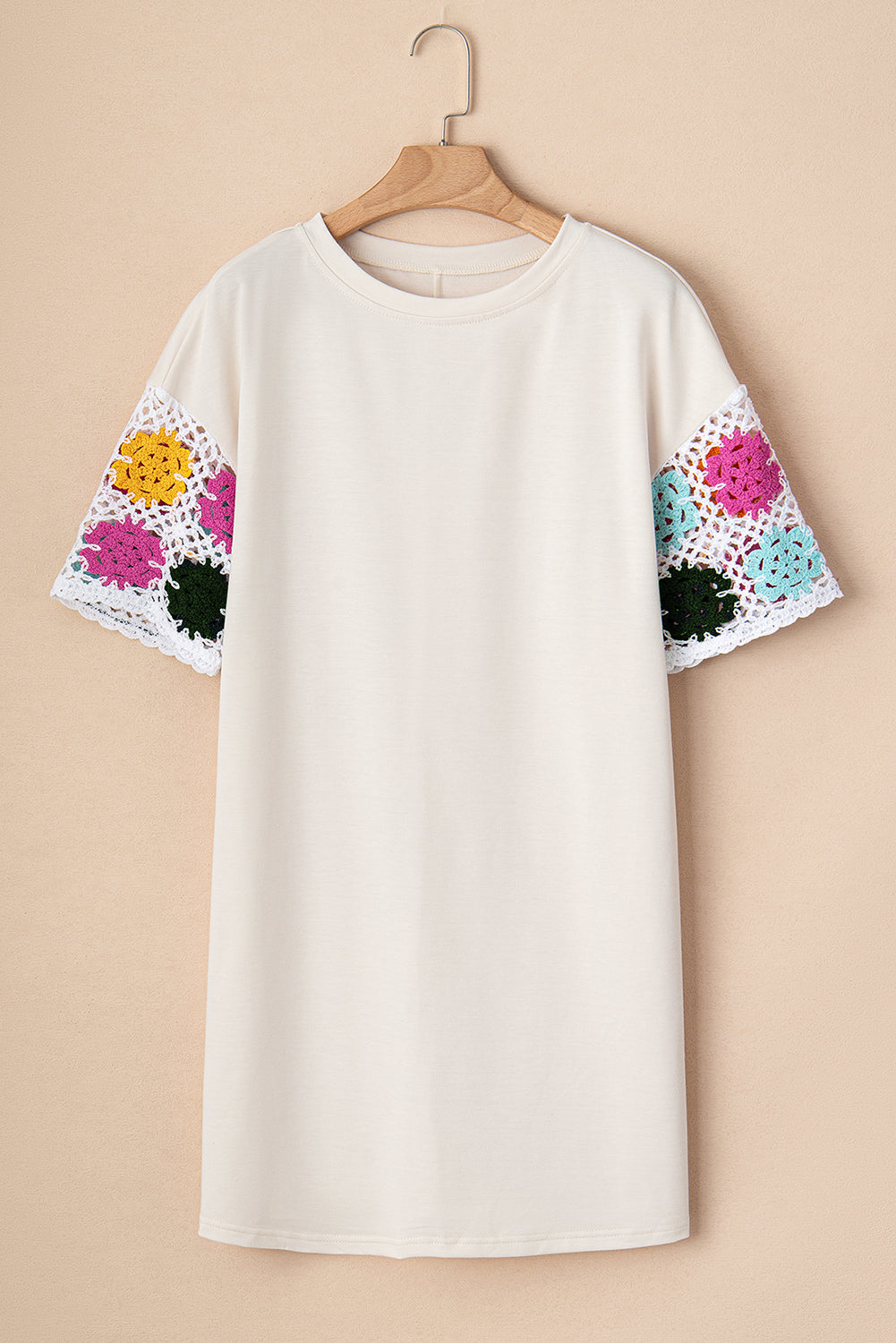 White Floral Crochet Splicing Sleeve T-shirt Dress