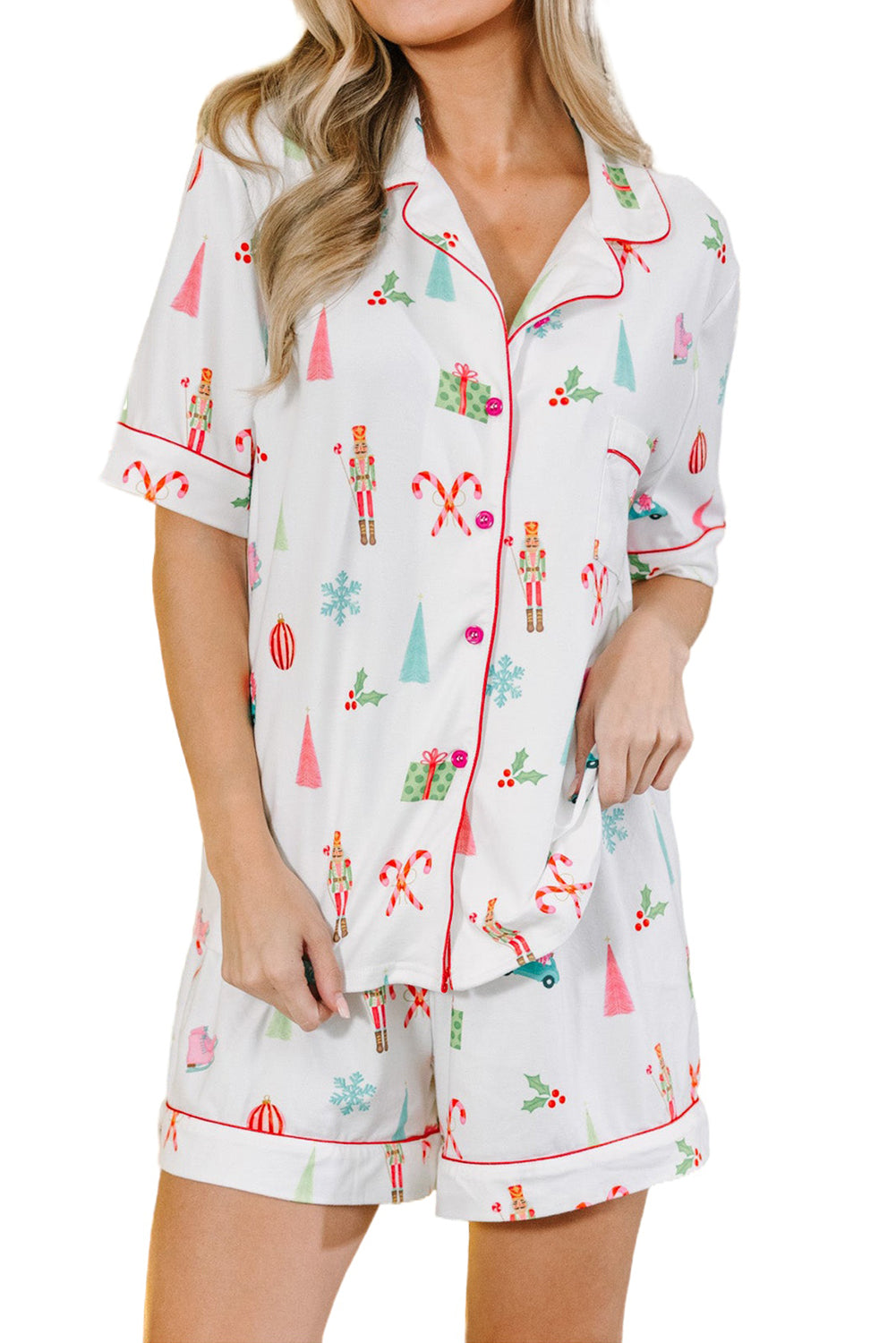 White Christmas Short Sleeve Shirt and Shorts Loungewear Set