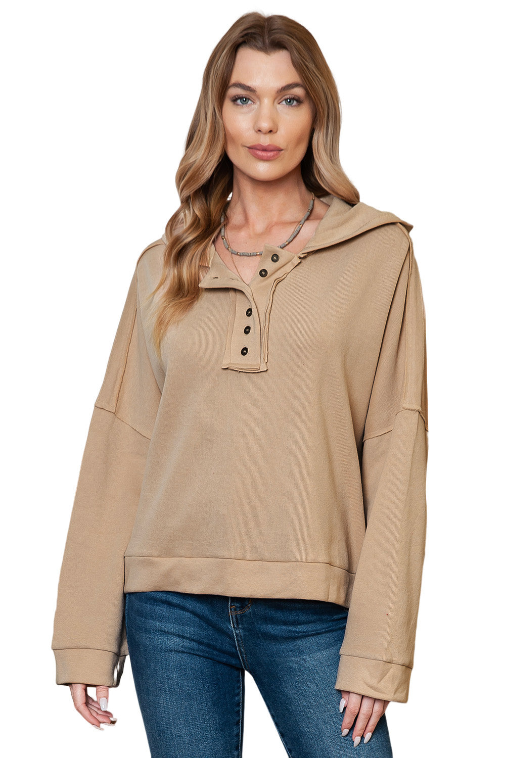 Khaki Solid Color Casual Button Seam Trim Hoodie