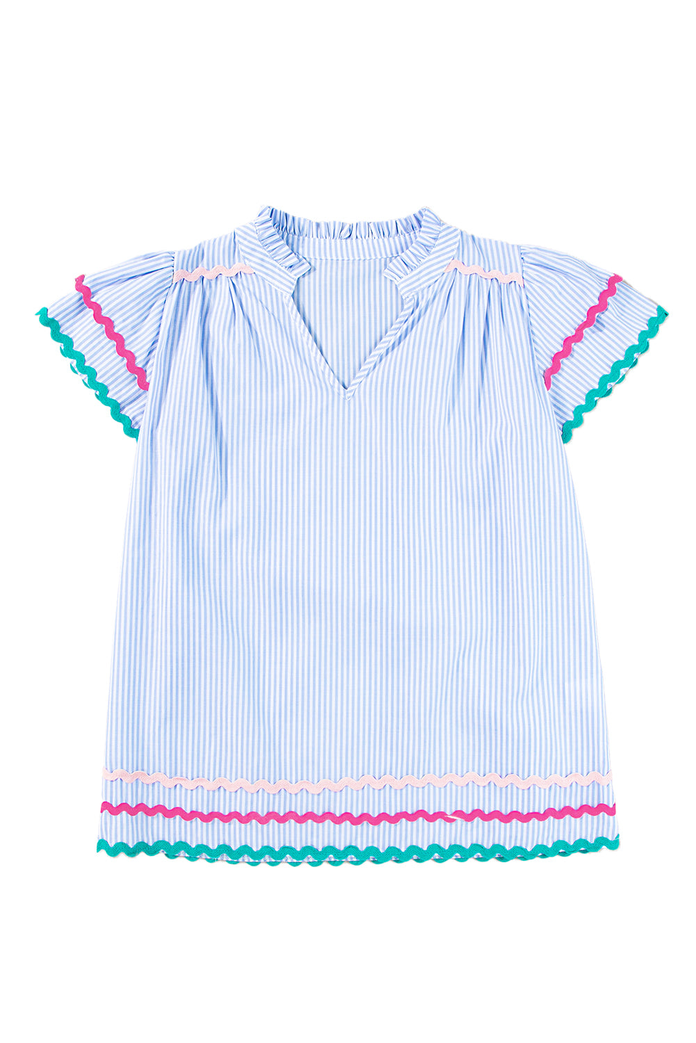 Sky Blue Striped Ricrac Splicing Frill V-Neck BlouseMaterial:100%Cotton



		Playful stripes: This blouse features a fun striped pattern with flirty frill details and a flattering V-neck.
	
	
		Chic and charming: