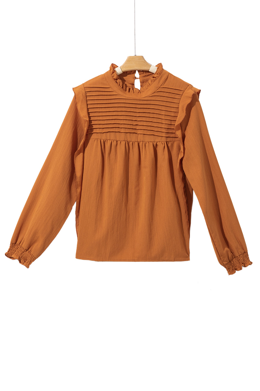 Camel Ruffle Solid Color Pleated Smocked Long Sleeve BlouseMaterial:50%Viscose+28%Polyester+22%Polyamide



		The blouse is made of high-quality fabric that is comfortable to wear and easy to maintain.
	
	
		The ruffled