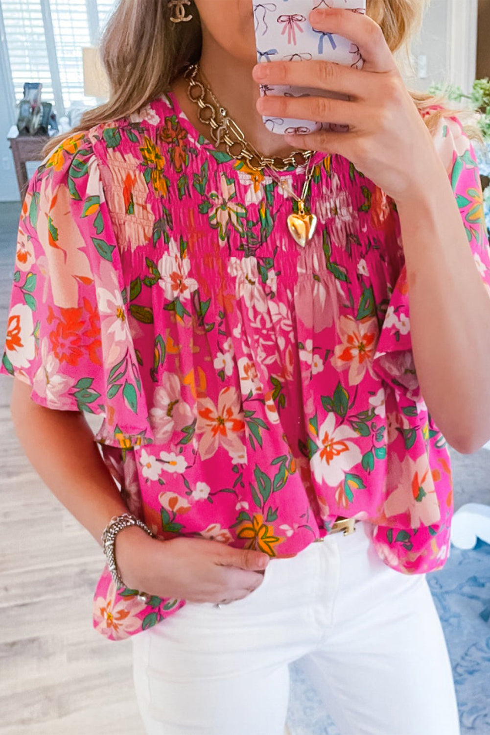 Pink Floral Print Flounce Sleeve Smocked Blouse