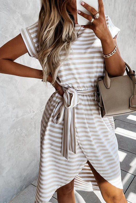 Khaki Stripe Belted Wrapped Hemline T Shirt Midi DressMaterial:50%Polyester+50%Cotton



		If you're looking for a casual wear t-shirt dress, look no further than this
	
	
		The classic two-tone striped pattern is 