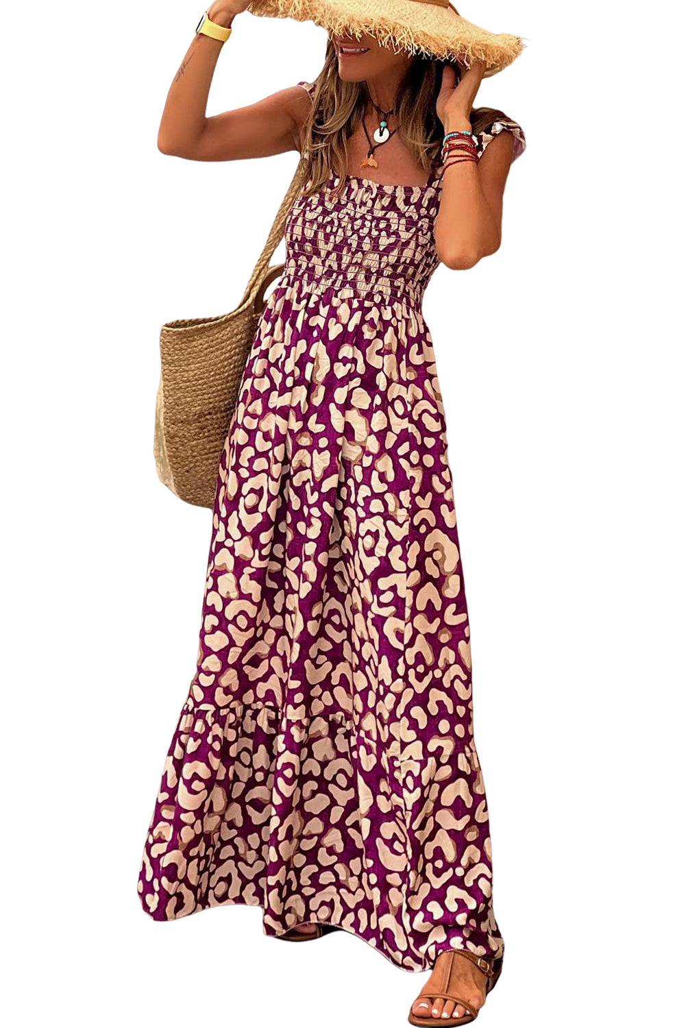 Rose Leopard Ruffle Straps Smocked High Waist Maxi DressMaterial:80%Viscose+20%Polyamide



		This dress with print is a fashionable choice for any occasion
	
	
		Its leopard print adds a trendy touch while the ruffl