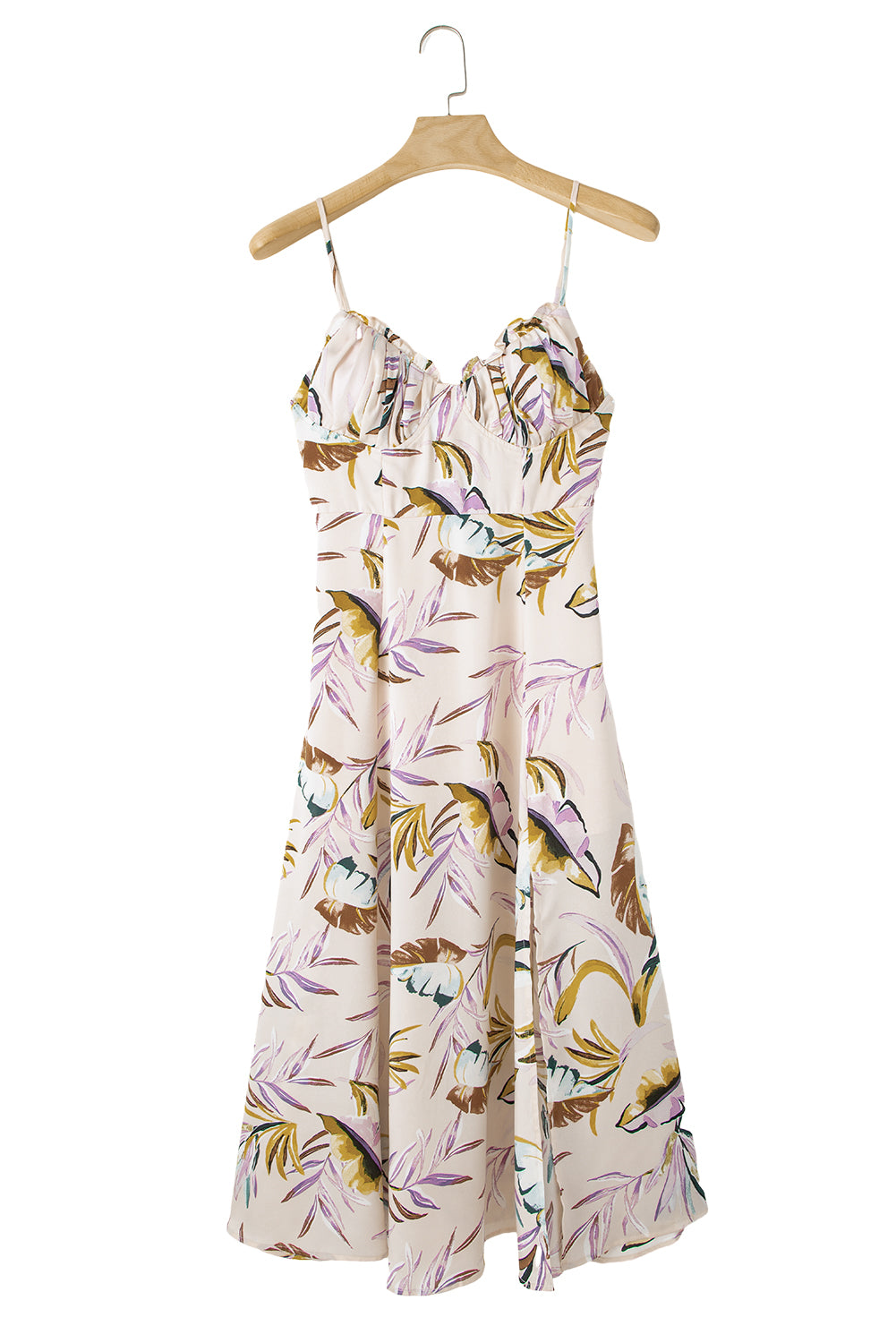 Apricot Tropical Print Spaghetti Straps Cupped DressMaterial:100%Polyester



		The tropical print dress is perfect for summer
	
	
		It’s so sexy with spaghetti straps and slit design
	
	
		Features frilly cup