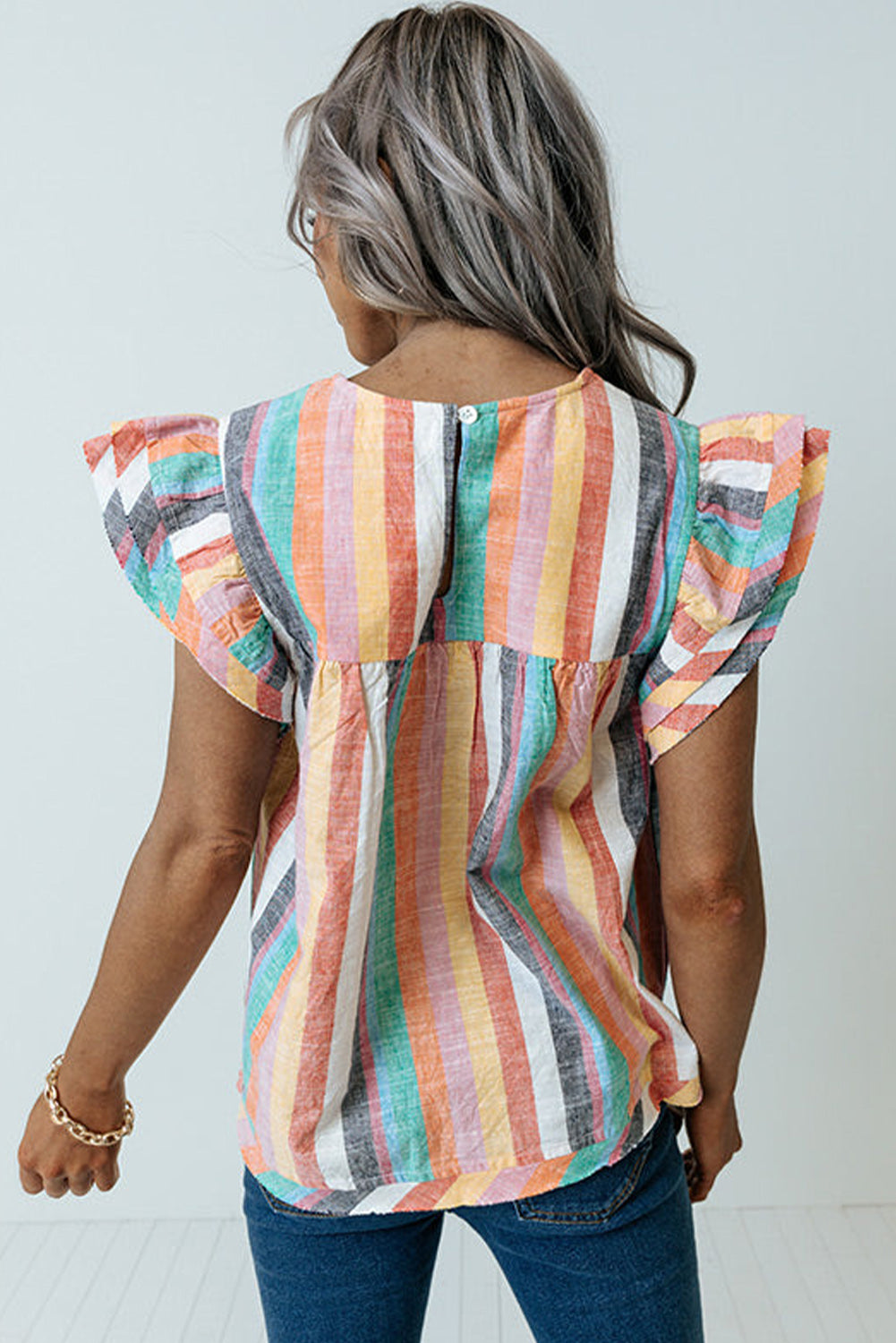 Multicolor Striped Back Button Keyhole Layered Sleeve BlouseMaterial:100%Polyester



		Vibrant and eye-catching striped print design.
	
	
		Tiered sleeves add a unique and stylish touch to the blouse.
	
	
		Pair with