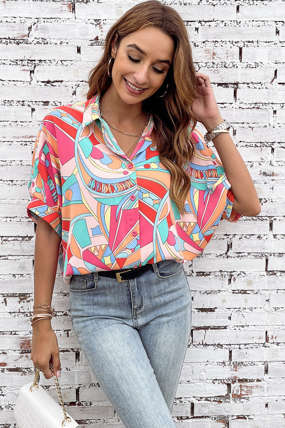 Multicolor Abstract Print Half Batwing Sleeve Loose Blouse