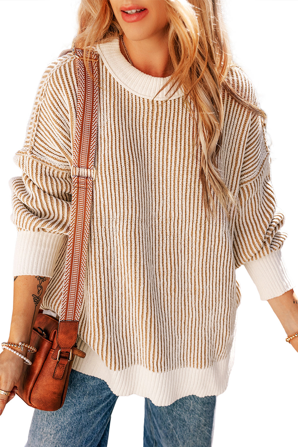 Bright Pink Striped Contrast Trim Loose Sweater