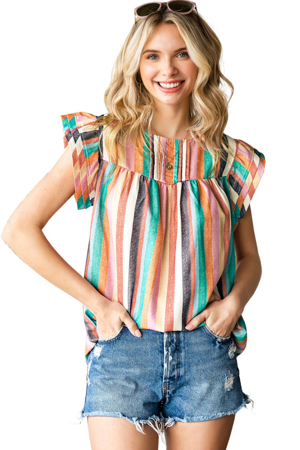 Multicolor Striped Back Button Keyhole Layered Sleeve BlouseMaterial:100%Polyester



		Vibrant and eye-catching striped print design.
	
	
		Tiered sleeves add a unique and stylish touch to the blouse.
	
	
		Pair with