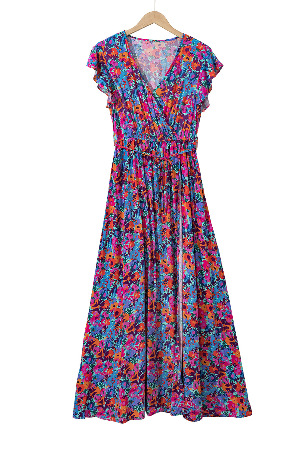 Blue Boho Floral Print V Neck Wrap Split Maxi DressMaterial:100%Viscose



		This high waist dress elongates the silhouette and creates a flattering hourglass shape
	
	
		The side slit adds a touch of allure and