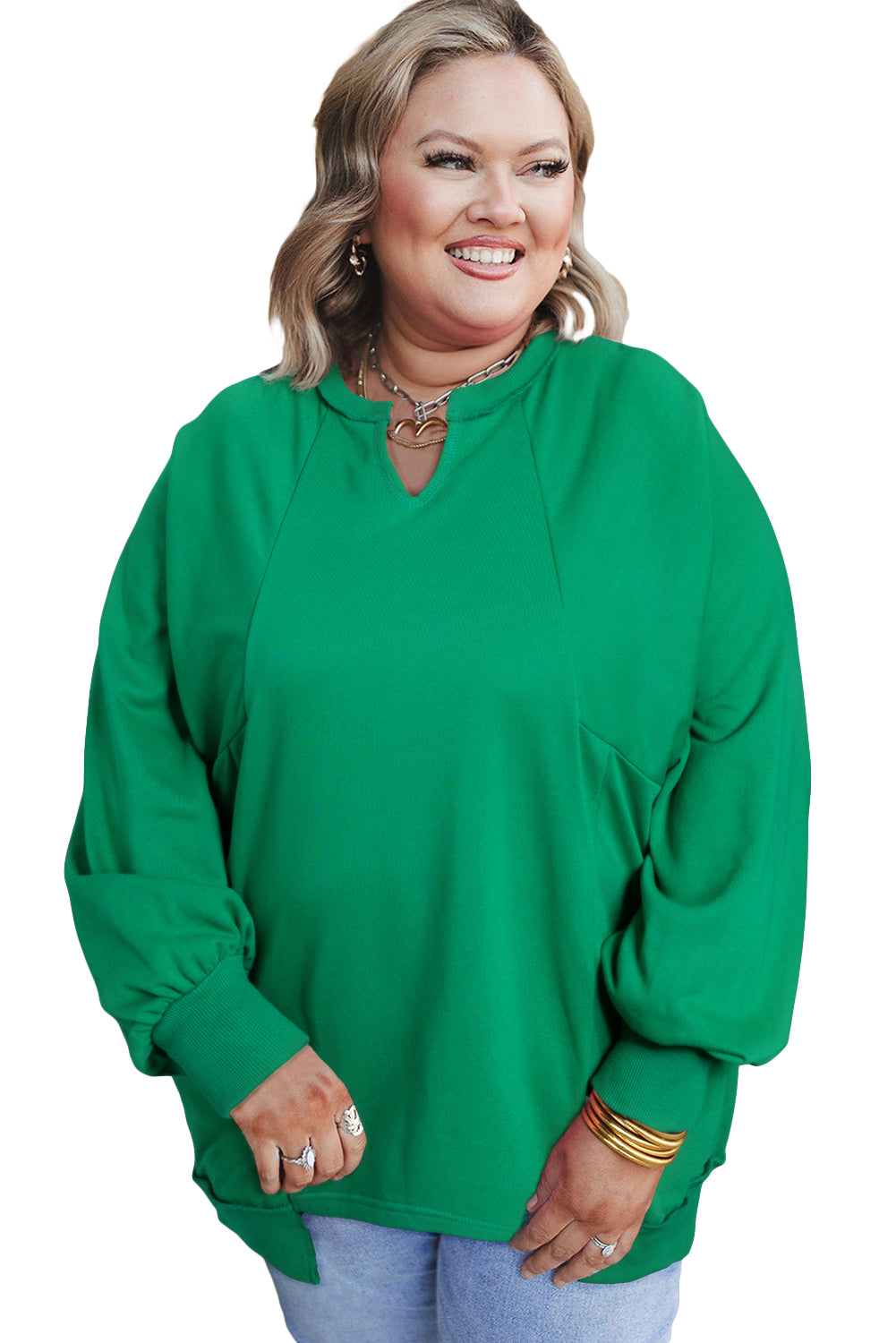 Bright Green Exposed Seam Notched Neck Plus Size SweatshirtMaterial:65%Polyester+35%Cotton

• Stand out in style with this vibrant bright green sweatshirt, featuring exposed seam detailing for a trendy touch.
• The notched