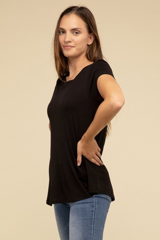 Flowy Round Hem Rayon Short Sleeve TopThe Flowy Round Hem Rayon Short Sleeve Top is the perfect addition to your casual wardrobe. Crafted from soft, lightweight rayon, this top features a relaxed fit and