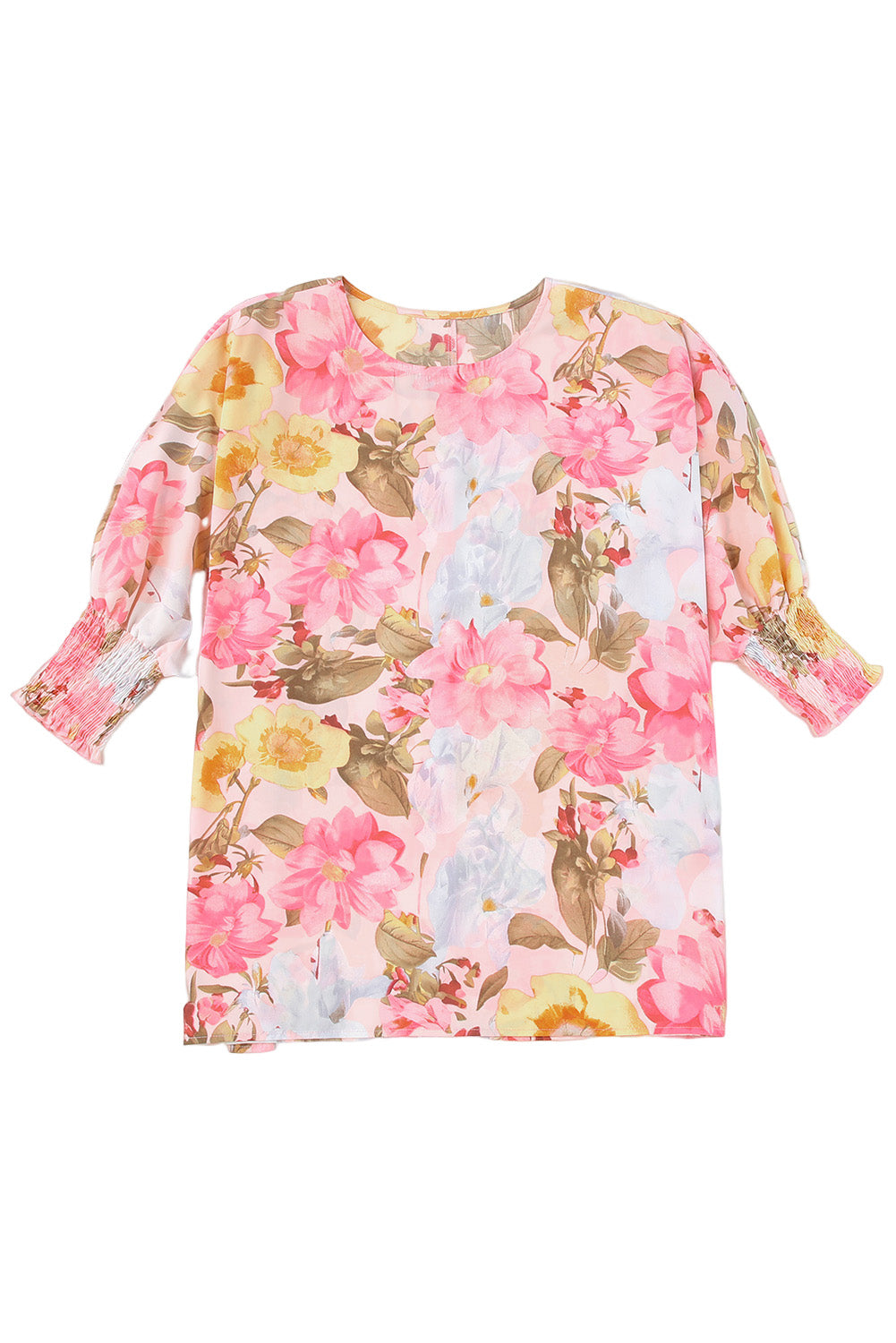 Pink Shirred Cuffs 3/4 Sleeve Loose Fit Floral BlouseMaterial:100%Polyester


	


		This pink floral blouse is the perfect blend of feminine and casual style. 
	
	
		It features a loose fit design with 3/4 sleev