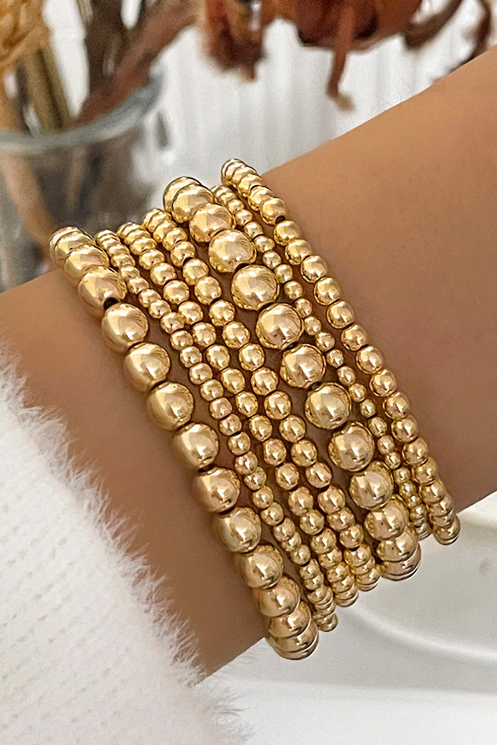 Gold 7pcs Set Minimalist Beaded Luxury Bracelet SetMaterial:100%Alloy

• Elevate your wrist game with this bracelet set, perfect for adding a touch of elegance to any outfit.
• This set includes seven unique bracel