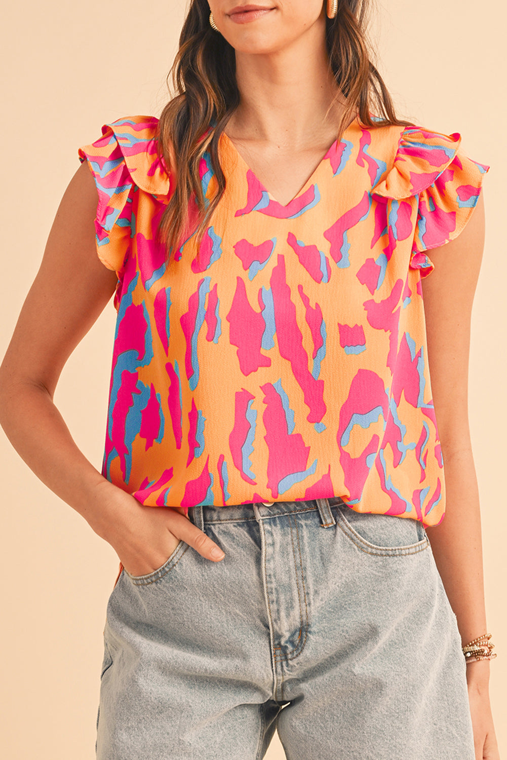 Orange Abstract Print V Neck Ruffled Sleeve Blouse