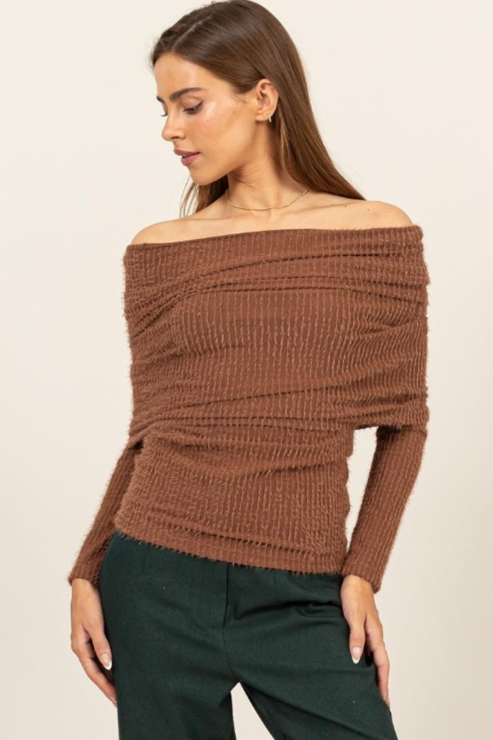 HYFVE Fuzzy Off Shoulder Textured Knit TopEnhance your style with this sophisticated Fuzzy Off-Shoulder Textured Knit Top. Boasting a unique combination of ribbed and fuzzy textures, this knit top is not onl