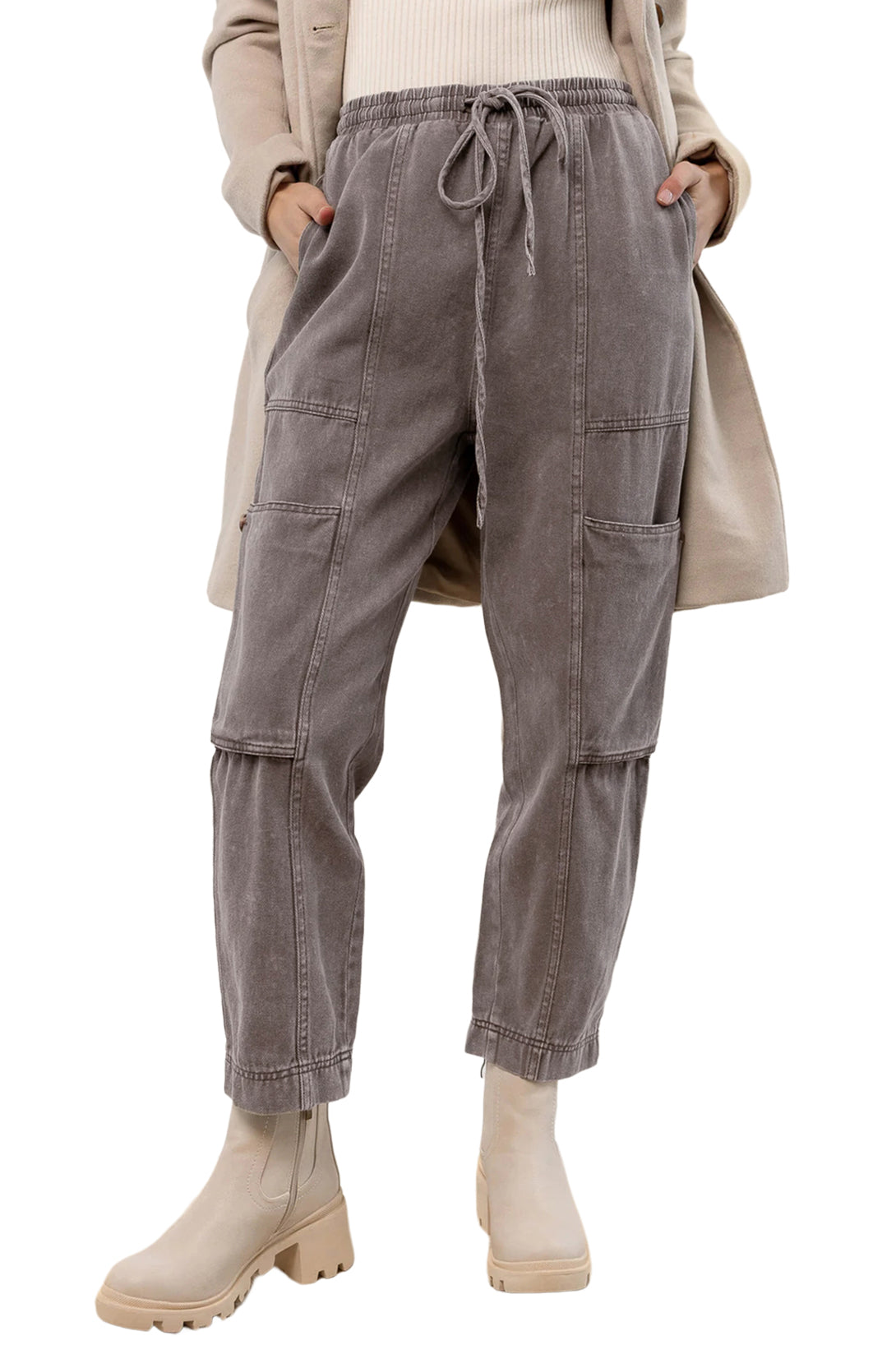 Gray Acid Wash Multi Pocket Drawstring Waist PantsMaterial:98%Cotton+2%Elastane



		The cargo pants create a cool and laid-back vibe for women
	
	
		The acid wash treatment gives these pants a unique and trend