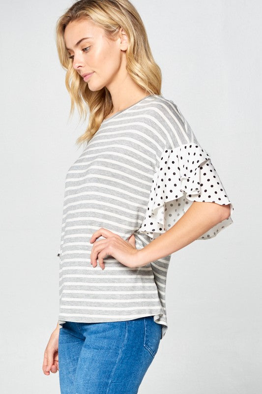 PLUS POLKA DOT RUFFLE SLEEVE TOPSTRIPE JERSEY WOVEN POLKA DOT MIX AND MATCH ROUND NECK RUFFLE SLEEVE PLUS TOP95% RAYON, 5% SPANDEX MADE IN USA1X/2X/3X 2-2-2
Style: Casual
Print / Pattern: STRIPE an