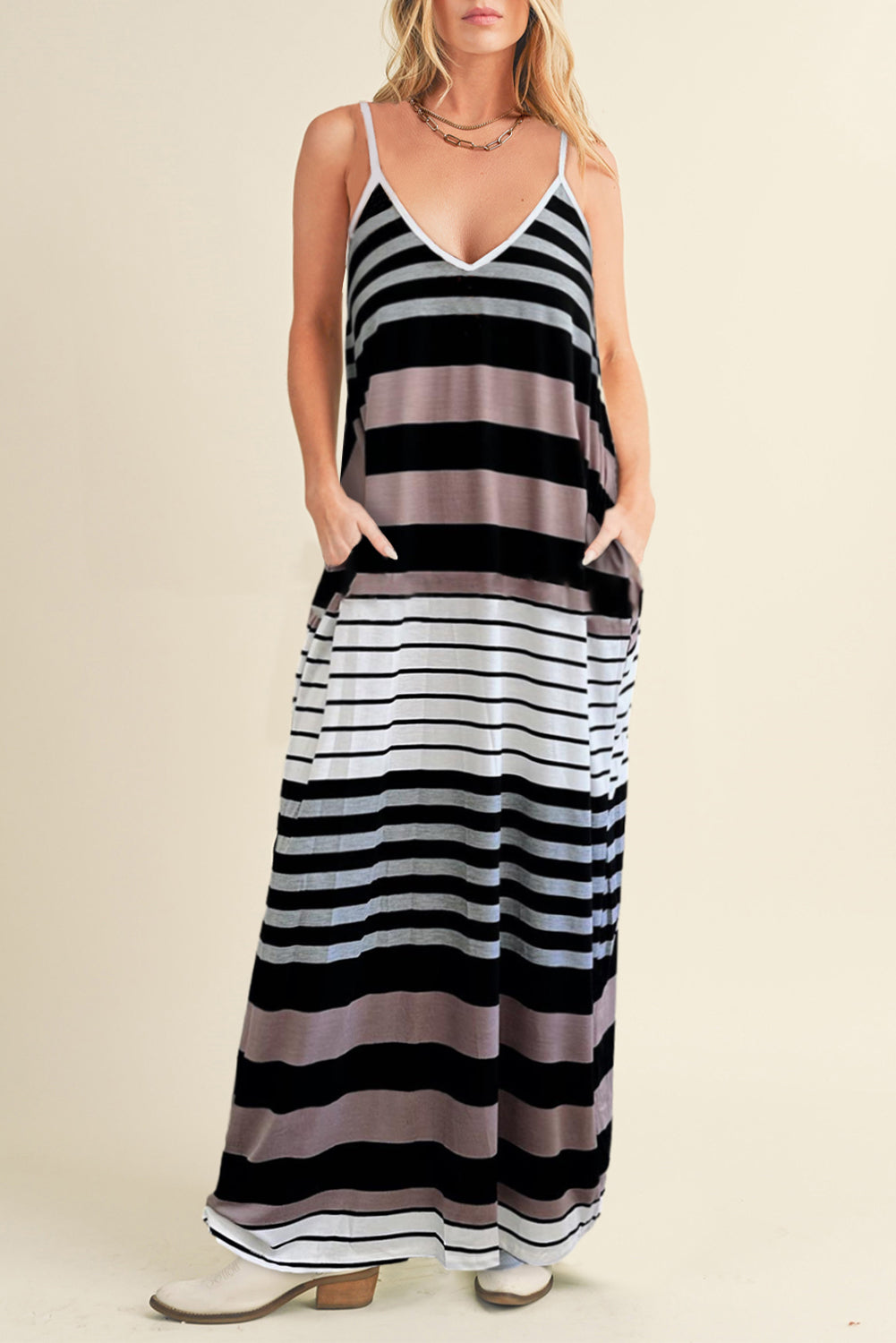 Multicolour Stripes Spaghetti Straps V Neck Maxi DressMaterial:95%Polyester+5%Elastane



		Stand out in vibrant multicolor stripes
	
	
		Convenient pockets for practicality
	
	
		Stay cool with sleeveless desig