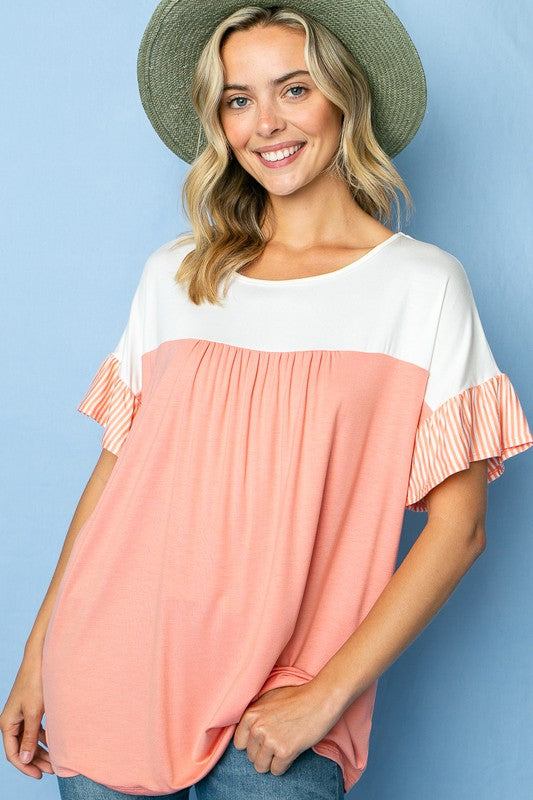 PLUS SOLID STRIPE BABY DOLL TOPPLUS SOLID AND PIN STRIPE JERSEY MIXED ROUND NECK RUFFLED SHORT SLEEVE BABY DOLL TOP95% RAYON, 5% SPANDEX MADE IN USA
Style: Casual
Print / Pattern: SOLID AND PIN ST