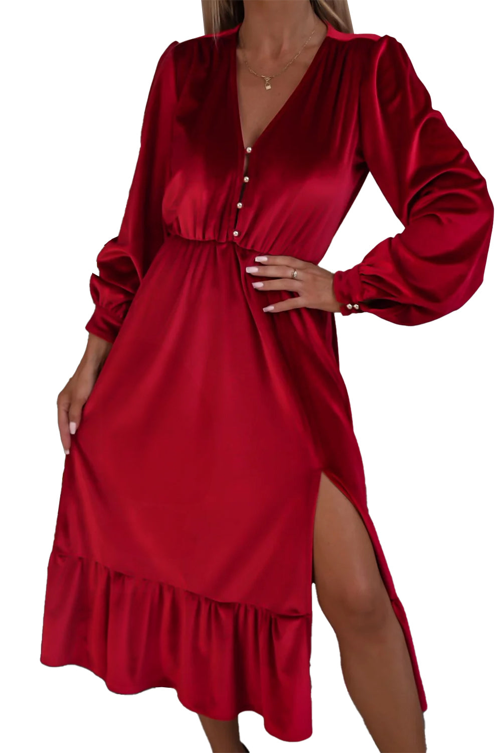 Racing Red Velvet Buttoned Puff Sleeve V Neck Split Midi DressMaterial:95%Polyester+5%Elastane

• This midi dress features a flattering V-neck and elegant puff sleeves, perfect for making a bold fashion statement.
• Embrace t