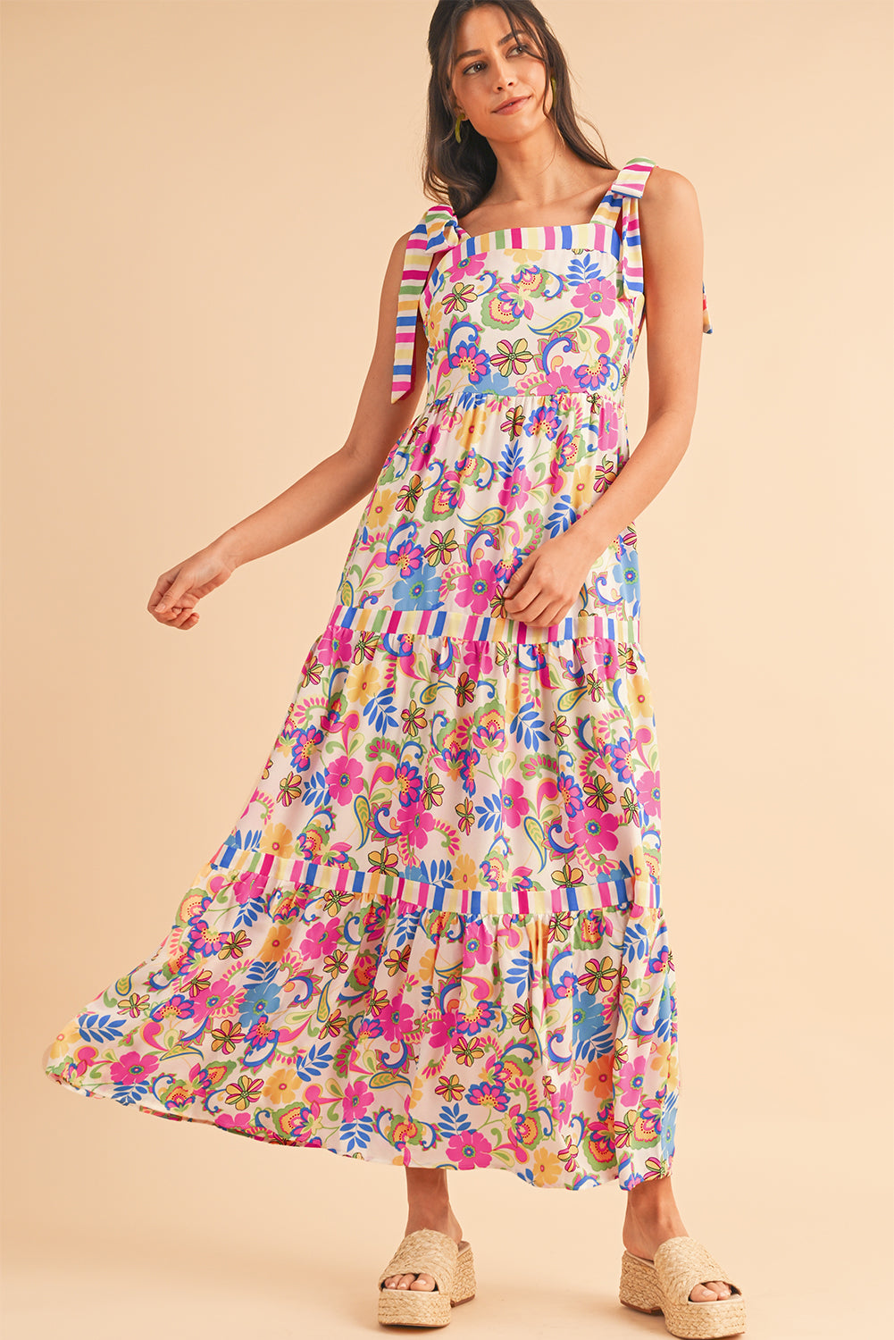 Rose Red Striped Trim Tie Straps Floral Maxi DressMaterial:100%Polyester


	


		Embrace a touch of elegance with our maxi dress, crafted from a soft, breathable fabric that ensures comfort and style, perfect fo